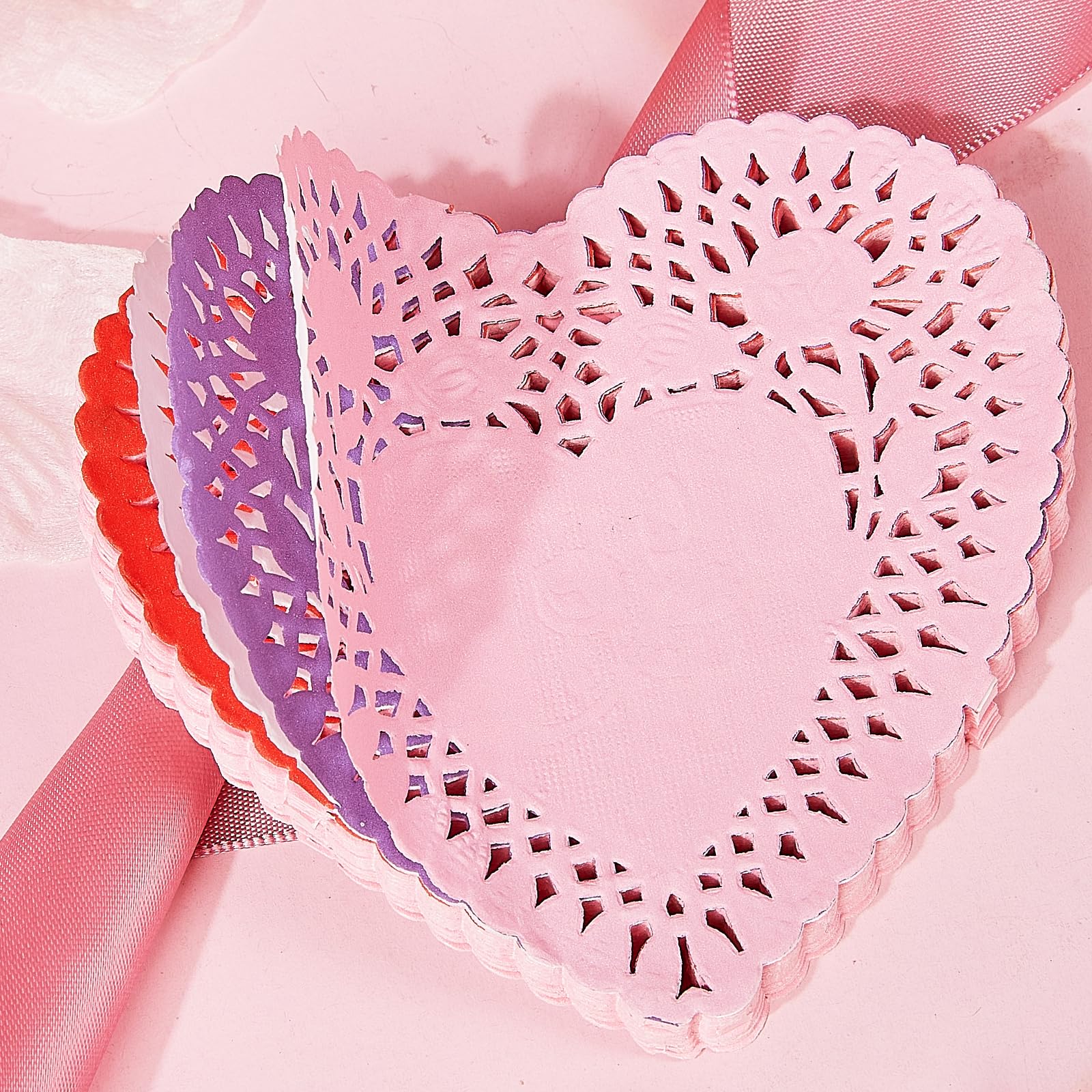 Heart Shaped Paper Doilies 10 Inch - 100Pcs Lace Paper Doilies for DIY Crafts, Wedding Decor, Party Supplies (Red, Pink, White, Purple - 25 Each) - Perfect for Valentine's Day, Baby Showers & Table Settings