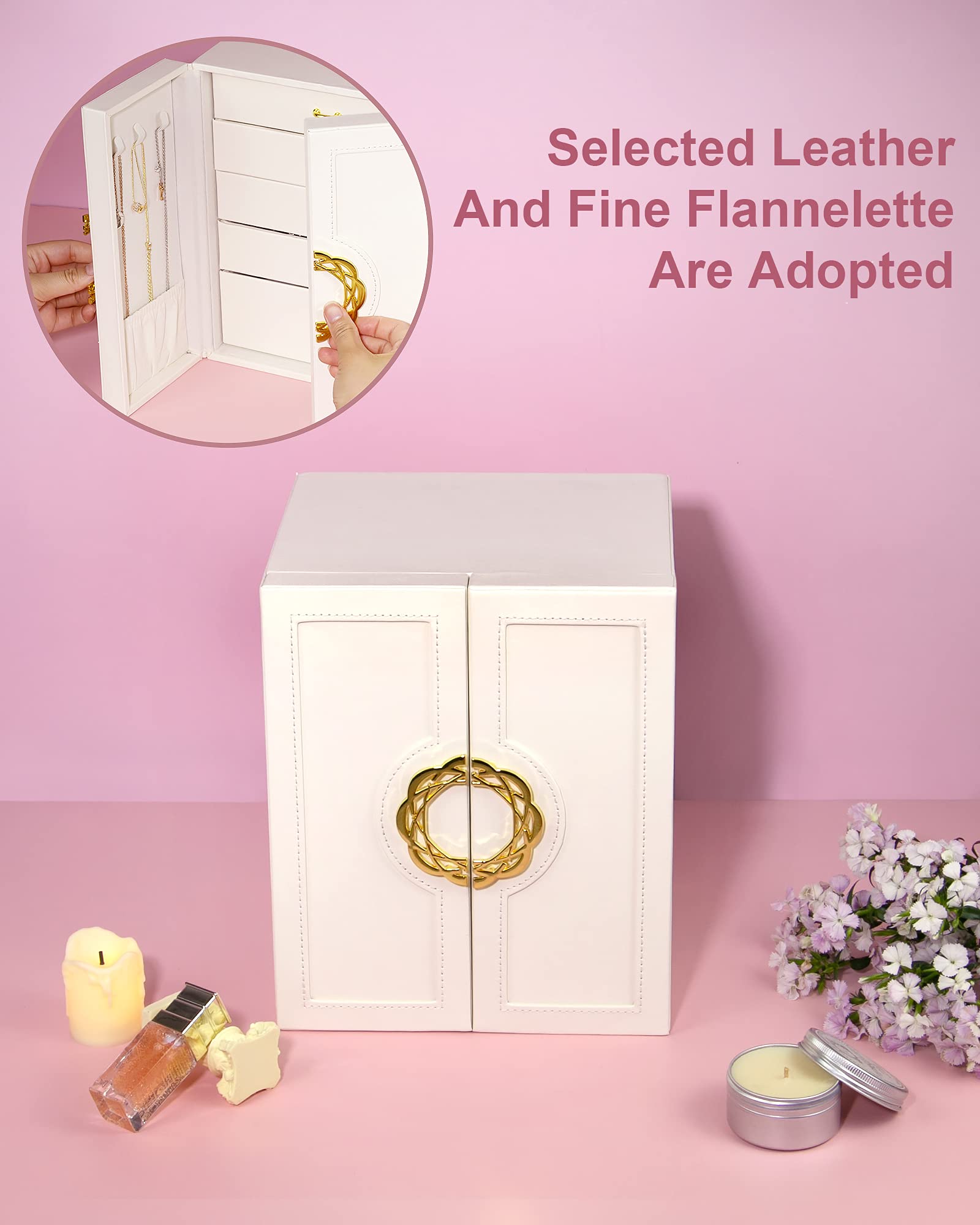 5-Drawer Large Jewelry Box Organizer - Leather Storage Case for Necklaces, Earrings, Rings, Watches & Bracelets | Elegant Stand-Up Holder | Perfect Gift for Women & Girls (White) | Ideal for Bedroom Vanity, Travel & Jewelry Display
