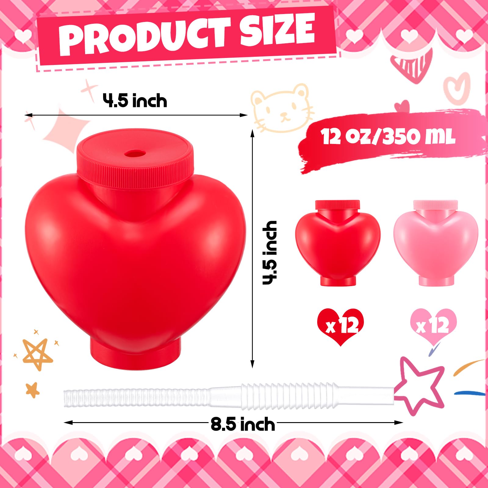 24-Pack Valentine's Day Heart Shaped Plastic Cups with Lids & Straws - 12 oz Reusable Party Cups for Kids, Classroom Prizes, School Events & Romantic Date Nights - Perfect for Valentine's Parties, Gift Exchanges & Couple Celebrations