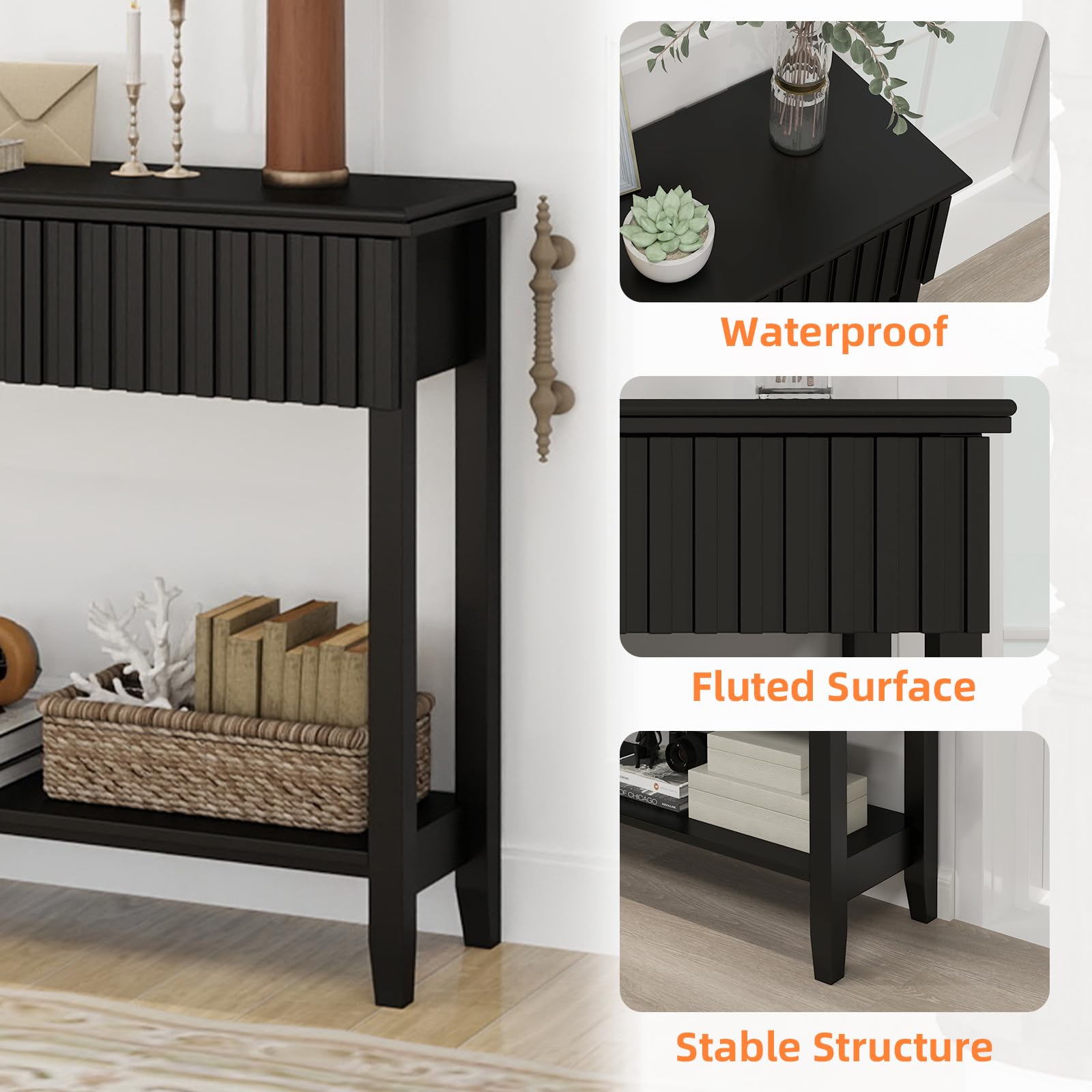 Modern Fluted Wood Console Table with 3 Drawers & Open Shelf - Narrow Sofa Table Behind Couch, Entryway Table for Living Room, Foyer & Hallway - Black (1 Tier) | Perfect for Small Spaces & Home Decor