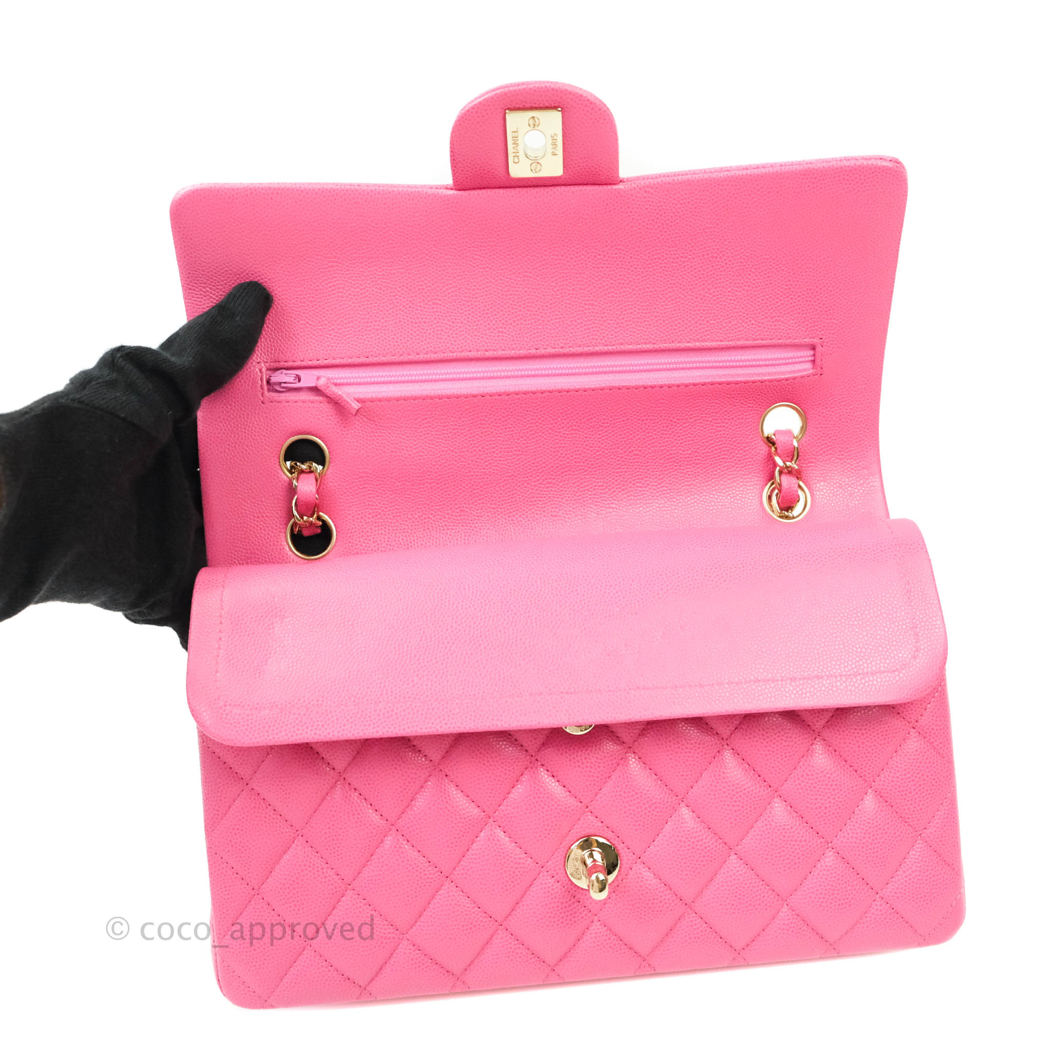 Chanel Classic Medium Double Flap Bag in Pink Caviar Leather with Gold Hardware - Perfect for Date Night & Special Occasions