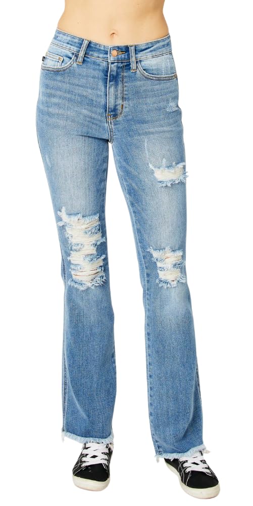Judy Blue Women's High Waist Bootcut Jeans - Medium Wash Distressed Denim with Frayed Hem | Perfect for Casual Wear, Date Nights & Boho Style Outfits