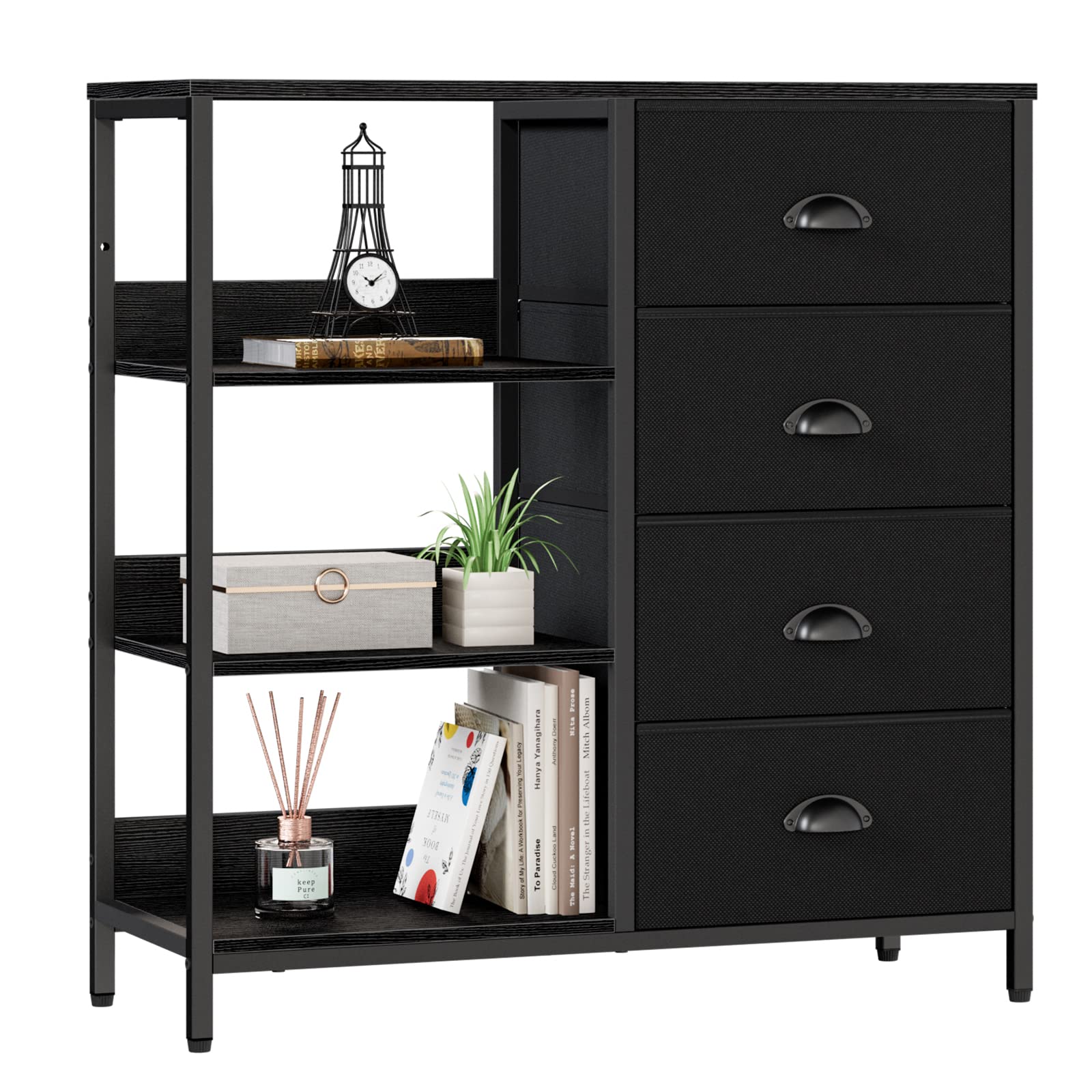 Industrial Fabric Dresser with 4 Drawers & Side Shelf - Lightweight Storage Organizer for Bedroom, Office, Entryway - Black Storage Cabinet for Clothes, Shoes, Toys & Home Organization