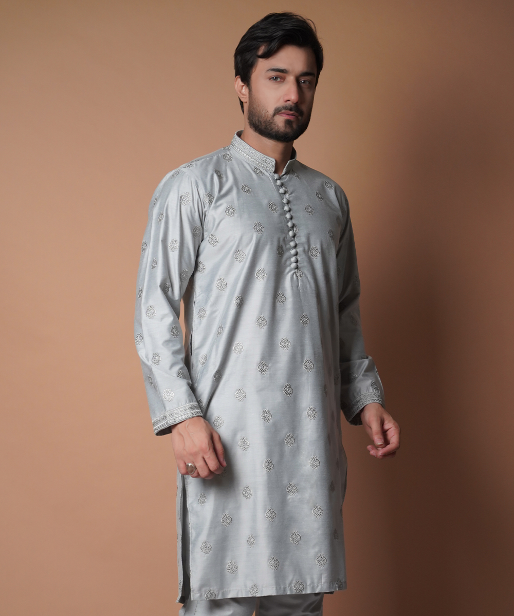 Stylish Ash Grey Motif Kurta and Pants Set for Men - Traditional Indian Ethnic Wear for Festivals, Weddings & Casual Outings