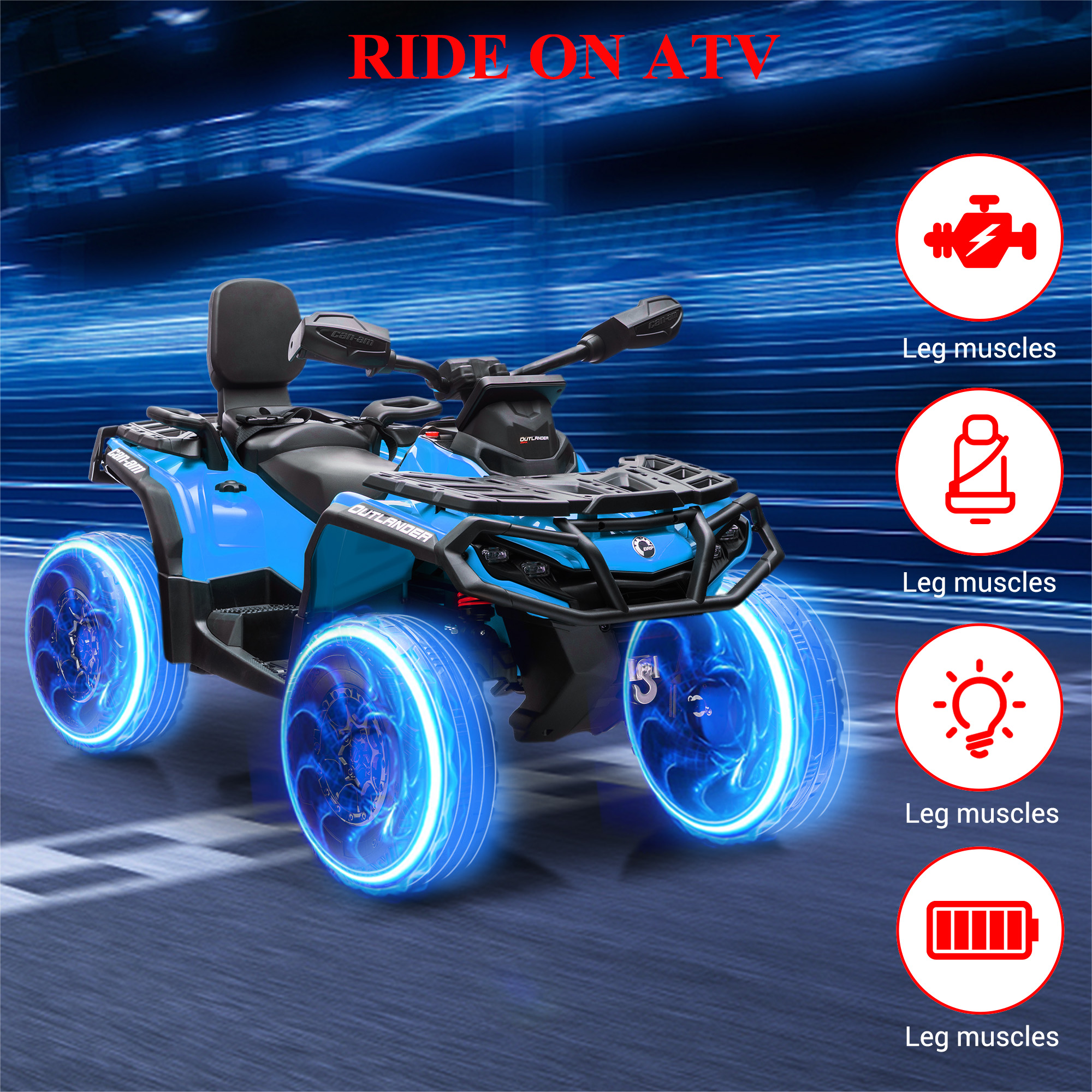 GARVEE 4 Wheel Kids ATV - Bombardier Licensed 12V Electric Ride-On Toy Car with 4X200W Motors, LED Lights & Music - 2 Seater for Boys & Girls Ages 3-8 (Blue) | Perfect for Outdoor Play, Backyard Adventures & Birthday Gifts