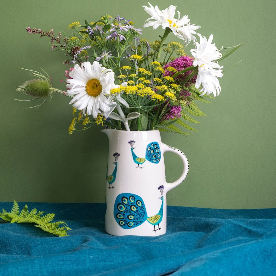 Handmade Ceramic Peacock Tall Jug - Set of 2, Elegant Water Pitcher for Home Decor, Kitchen & Dining Table Centerpiece, Perfect Gift for Housewarming and Weddings
