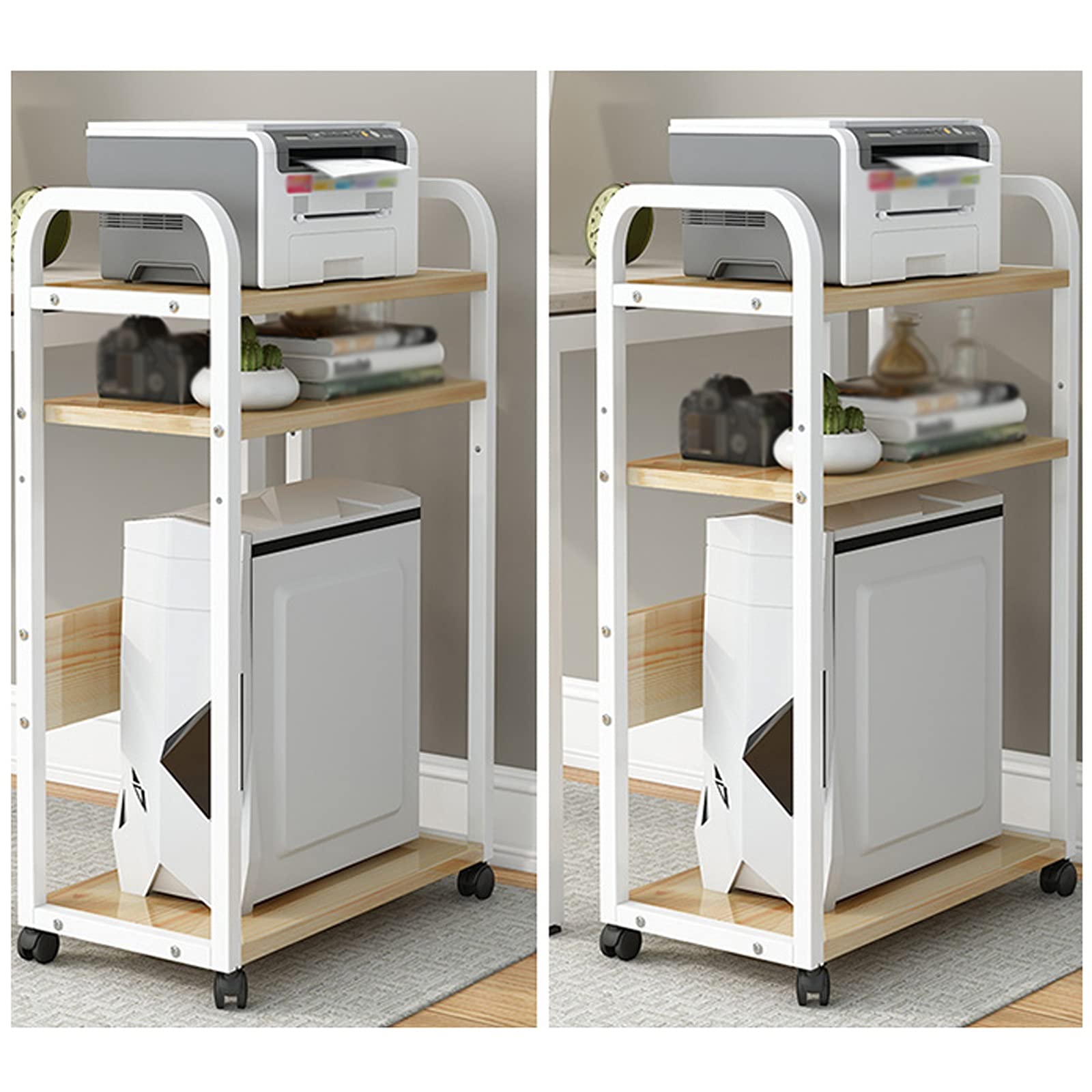GRFIT 3-Tier Wooden CPU Stand with Rolling Wheels - PC Cart Holder, Desktop & Floor Computer Case Rack (White) - Perfect for Office, Gaming Setup & Server Room Organization
