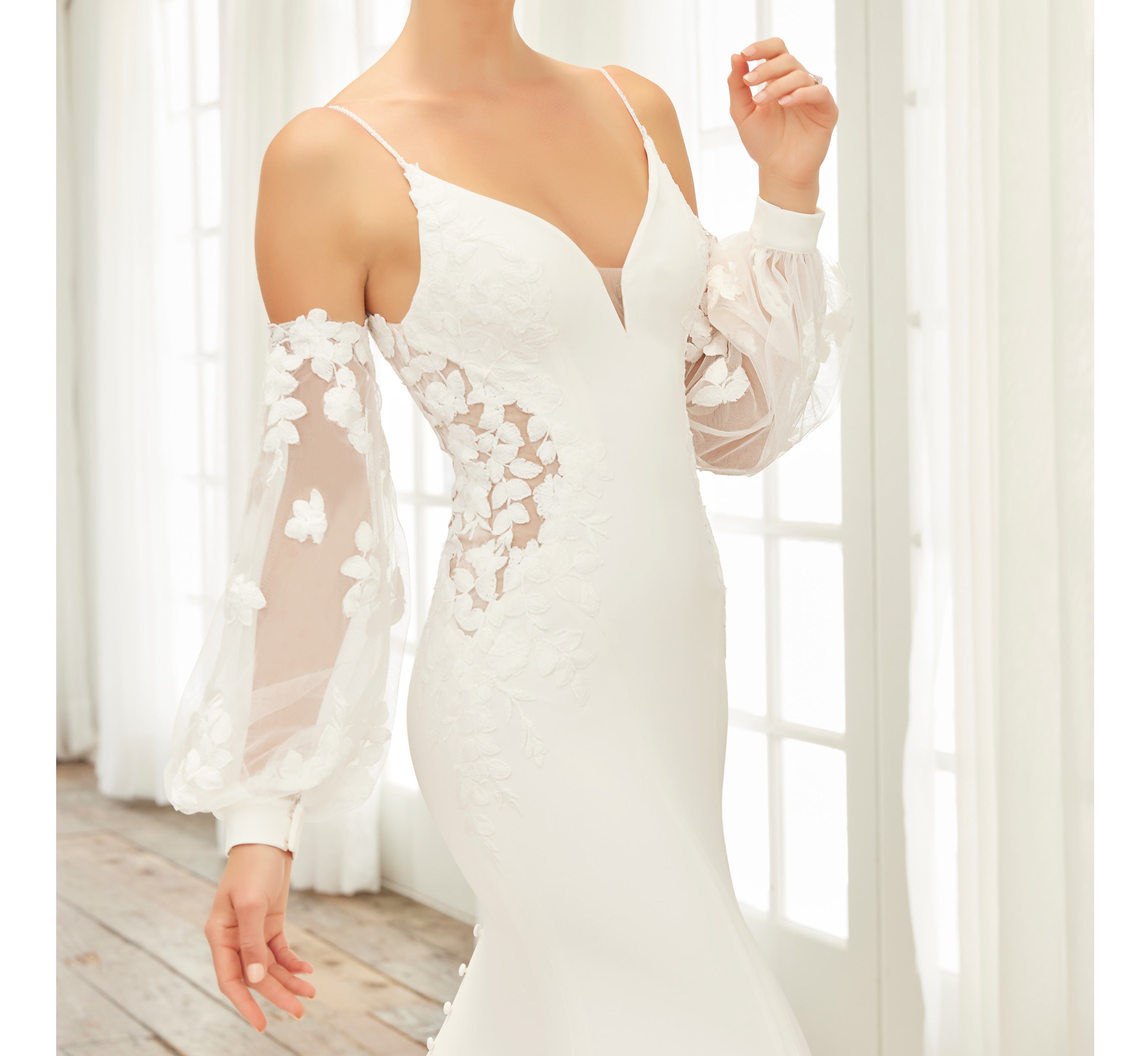 Elegant Ivory Nude Crepe & Lace Fit and Flare Gown with Detachable Long Sleeves - Perfect for Weddings, Prom, and Formal Events