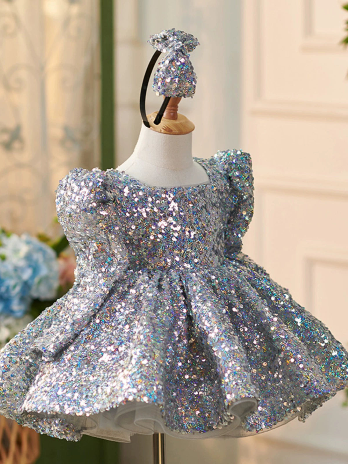 Elegant Dusty Blue Princess Square Neckline Sequined Flower Girl Dress for Weddings, Pageants & Special Occasions