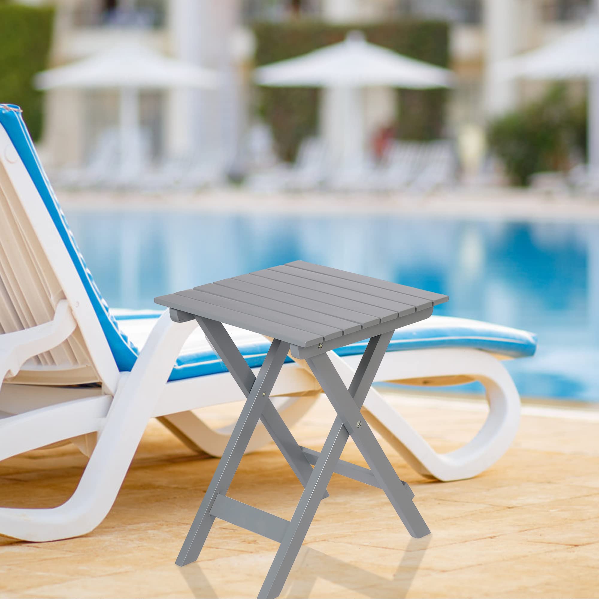 LUCKYERMORE Wooden Folding Square Side Table - Outdoor Patio Poolside End Table for Garden, Backyard, Balcony - Lightweight & Multifunctional Small Table (Grey) | Perfect for Drinks, Books, and Outdoor Relaxation