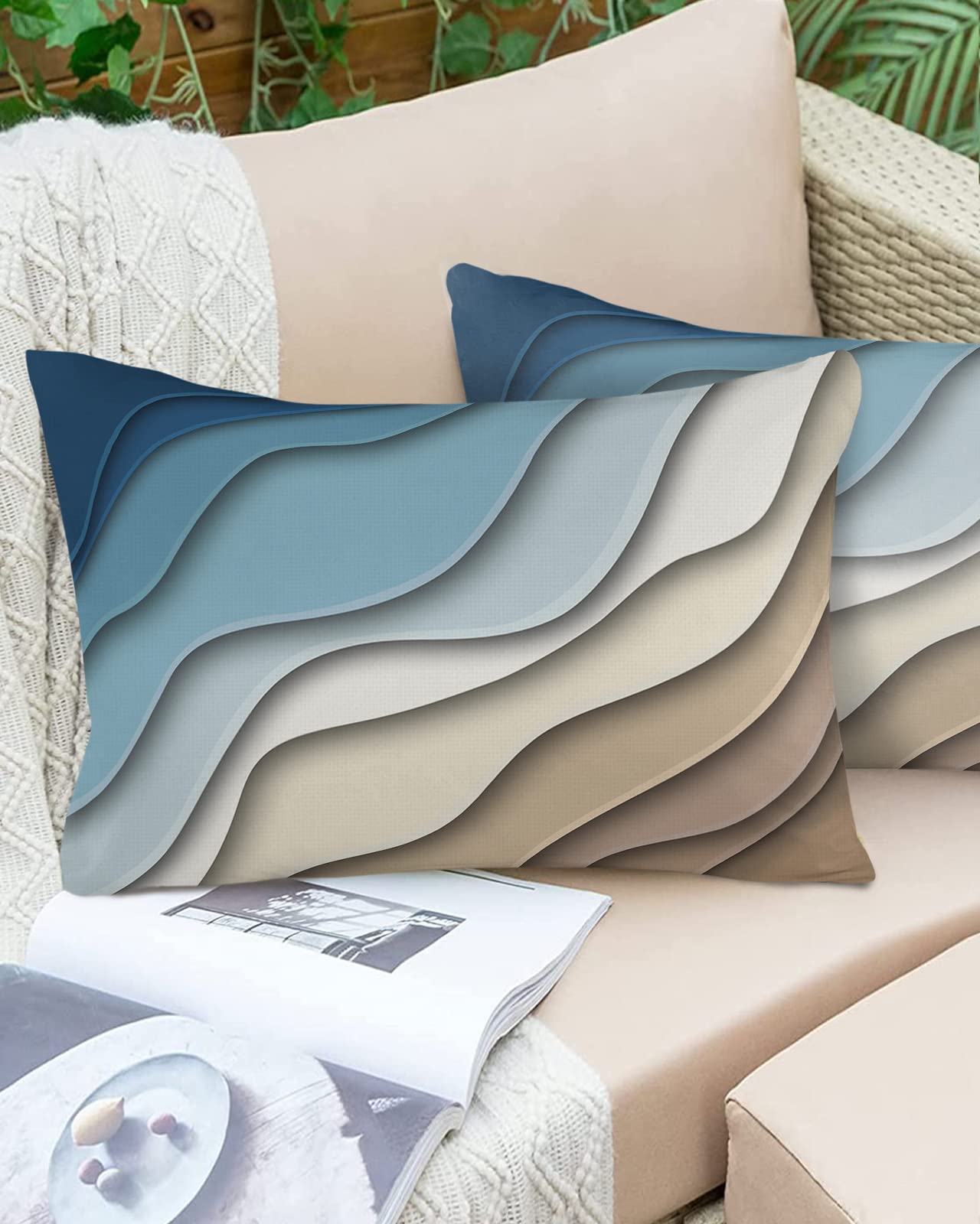 Blue Geometric Outdoor Pillow Covers - Waterproof Modern Lumbar Throw Pillowcases Set of 2 (20x12 Inches) - Brown Abstract Decorative Patio Cushions for Garden, Couch & Outdoor Furniture - Perfect for Backyard, Poolside & Porch Relaxation