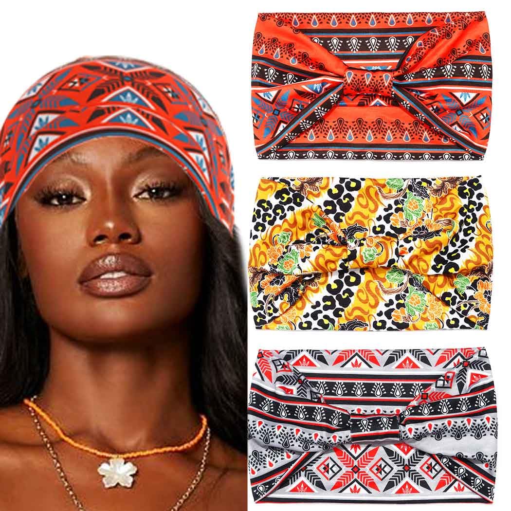 Zoestar Wide African Headbands - Knotted Turban Head Wraps & Boho Printed Hair Bands - Stylish Stretchy Head Scarves for Women & Girls (Pack of 3) - Perfect for Beach, Yoga, and Everyday Fashion Accessories