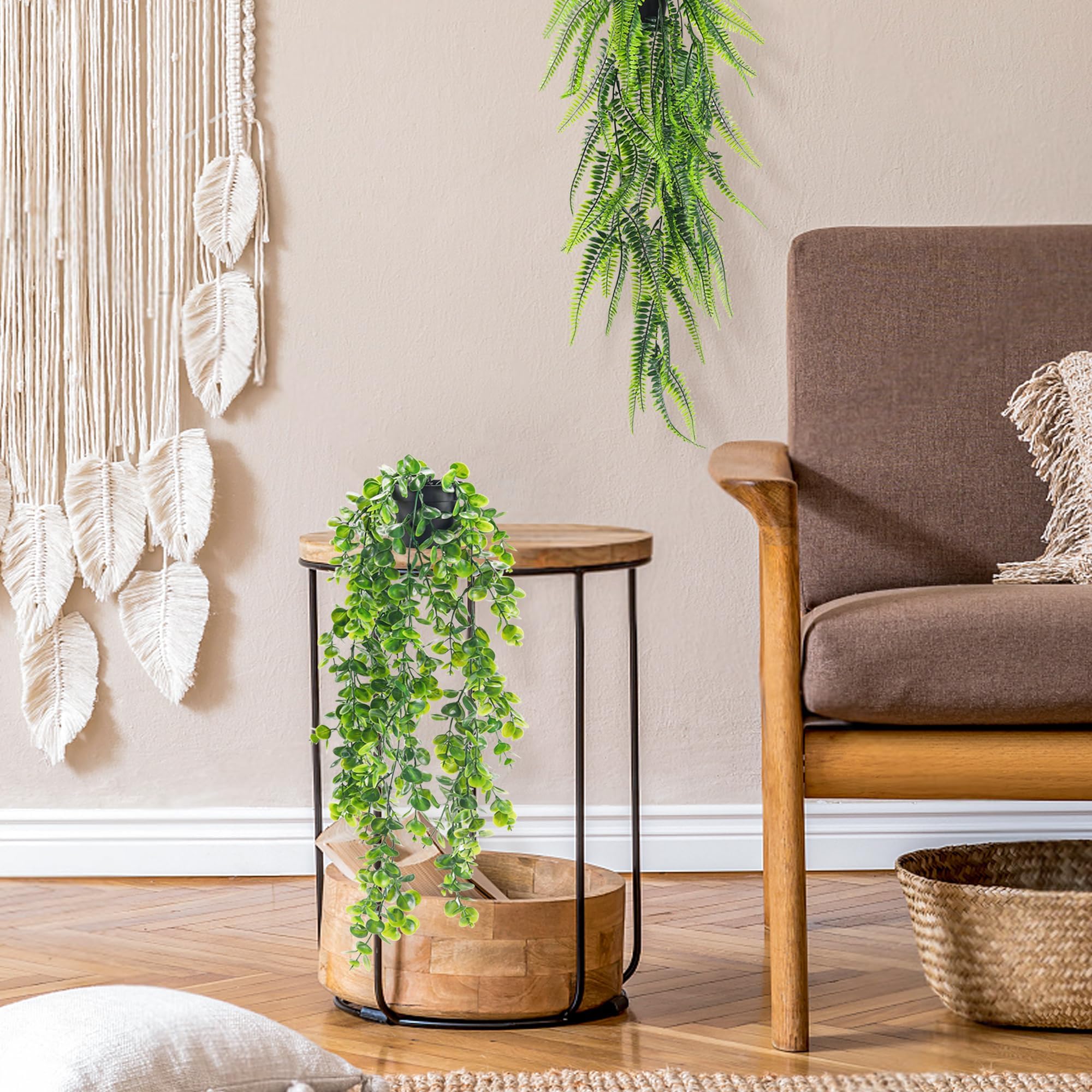 2 Pack Artificial Hanging Plants in Black Pots - Fake Faux Greenery Decor for Home, Bedroom, Living Room - Perfect for Wall Decor, Shelf Styling & Indoor Plant Lovers
