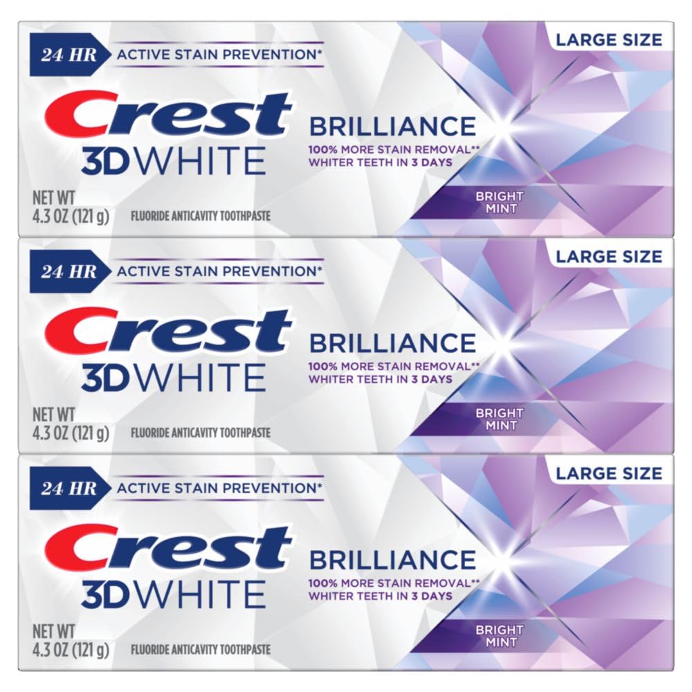 Crest 3D White Brilliance Bright Mint Teeth Whitening Toothpaste - 4.3 oz (Pack of 3) | 100% More Stain Removal, 24-Hour Protection | Whiter Teeth in 3 Days | Perfect for Daily Use & Special Occasions