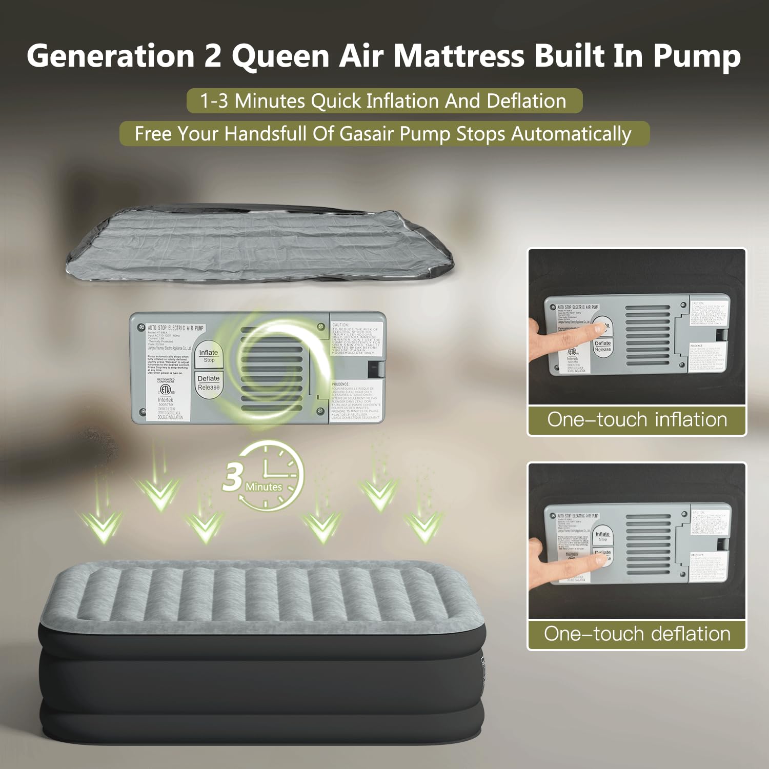 20 Inch Queen Air Mattress - Luxury Inflatable Bed with Push Button Start, Auto Stop & Quick 1-3 Minute Inflation/Deflation - Perfect for Camping, Guest Beds & Indoor/Outdoor Use (Grey & Black)