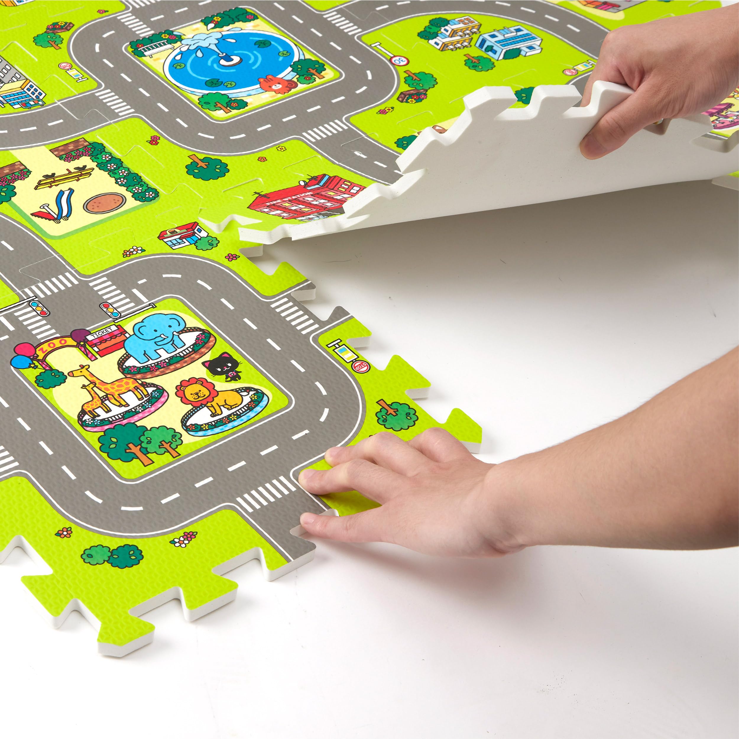 Non-Toxic Baby Play Mats for Floor - 9-Piece Interlocking Foam Tiles with City Road Track Design | Safe Crawling & Learning Space for Infants | Perfect for Nursery, Playroom & Daycare Use