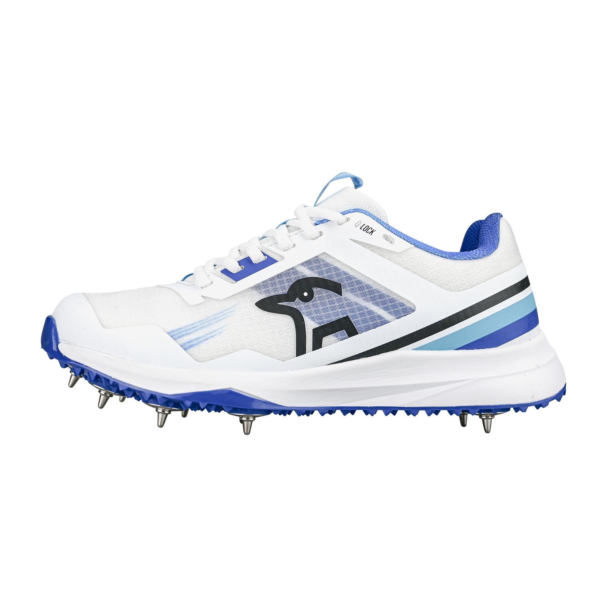 Kookaburra KC 2.0 Cricket Spike Shoes - White & Blue (2025 Model) - Perfect for Professional Cricket Matches & Training Sessions
