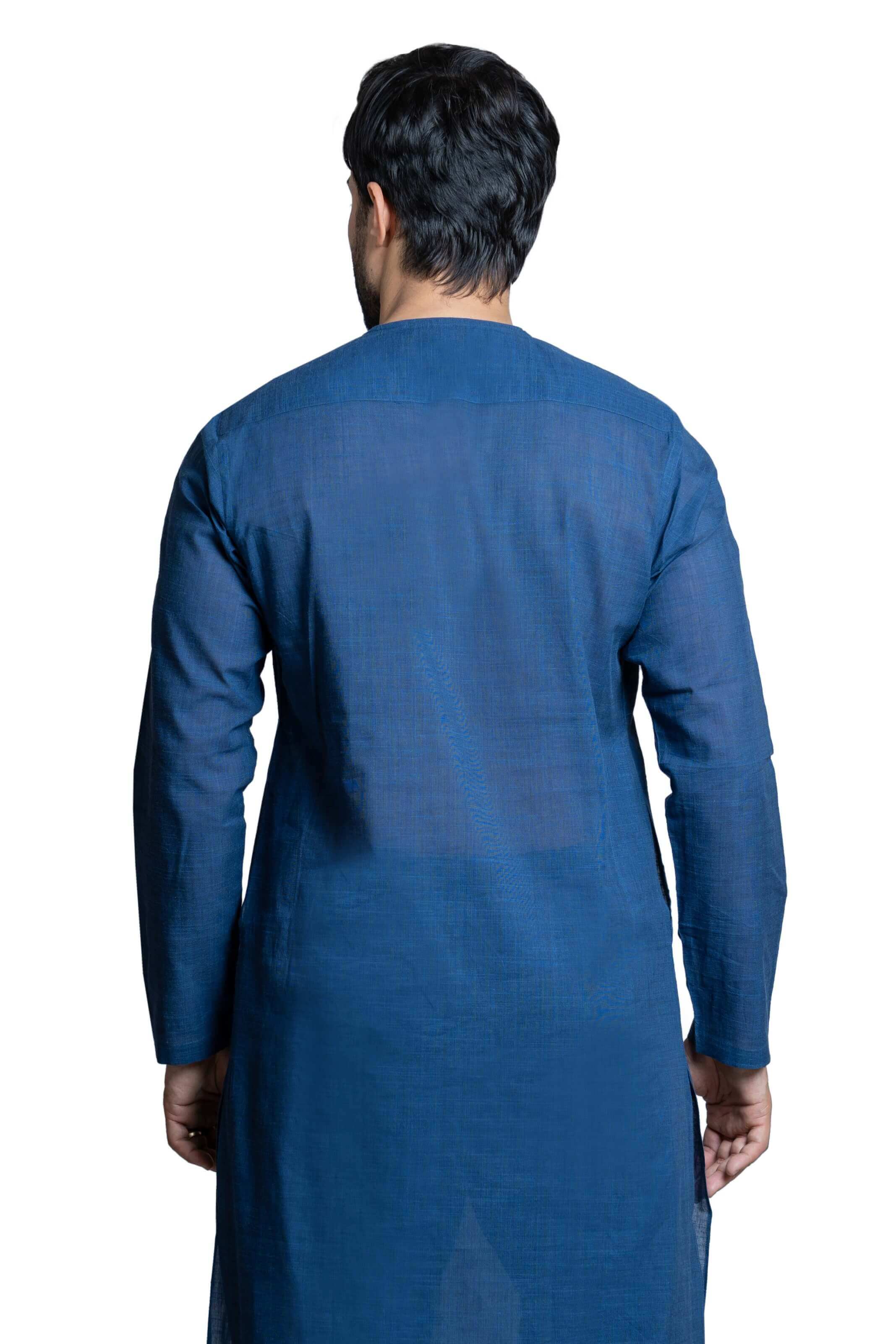 Handwoven Pure Cotton Side Slit Blue Kurta Pajama Set for Men - Comfortable Traditional Indian Ethnic Wear for Festivals, Weddings & Casual Outings