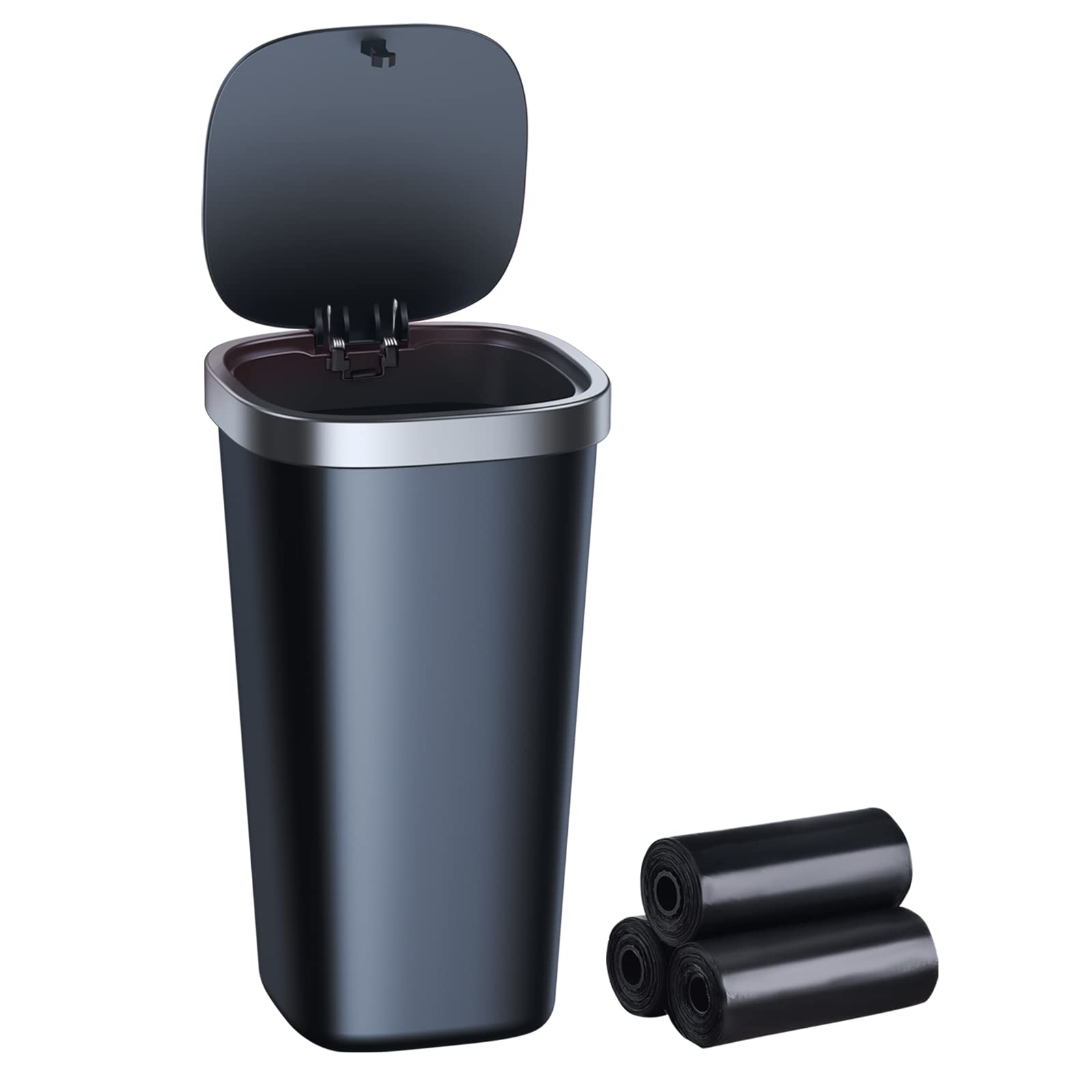 Mini Car Trash Can with Lid - Waterproof Small Garbage Bin for Car, Home, Office & Travel - Includes 3 Rolls Mini Trash Bags - Fits Cup Holders - Perfect for Snacks, Tissues & Small Waste (Square Black)
