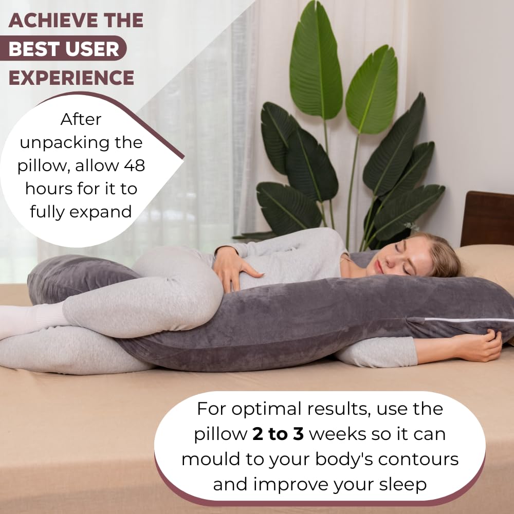Malena Life G-Shaped Pregnancy Pillow with 2 Removable Covers | 50-inch Ergonomic Full Body Pillow for Sleeping, Maternity Support & Post-Surgery Recovery - Grey Velvet & Blue Cotton | Perfect for Side Sleepers, Pregnant Women & Recovery Patients