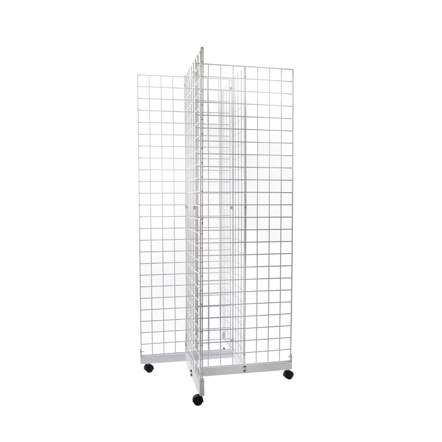 White 4-Way Wire Grid Tower with Base & Casters - 2' x 6' Wire Grid Panel 4-Sided Rolling Display Rack for Retail Stores, Trade Shows & Warehouse Organization