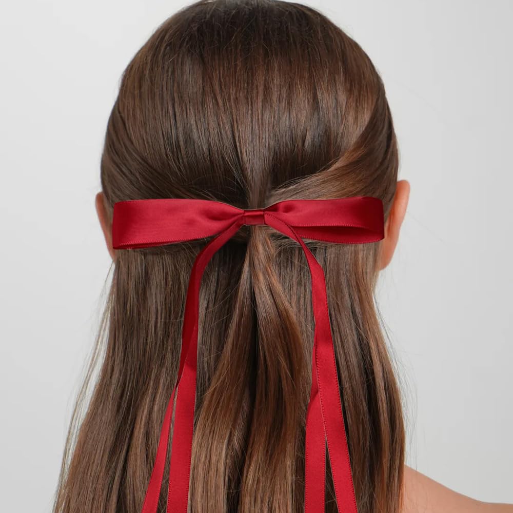 Elegant Red Hair Bows for Women - Coquette Ribbon Hair Clips, Long Hair Accessories for Party, Halloween & Christmas (2Pcs) - Perfect for Festivals, Weddings & Daily Styling