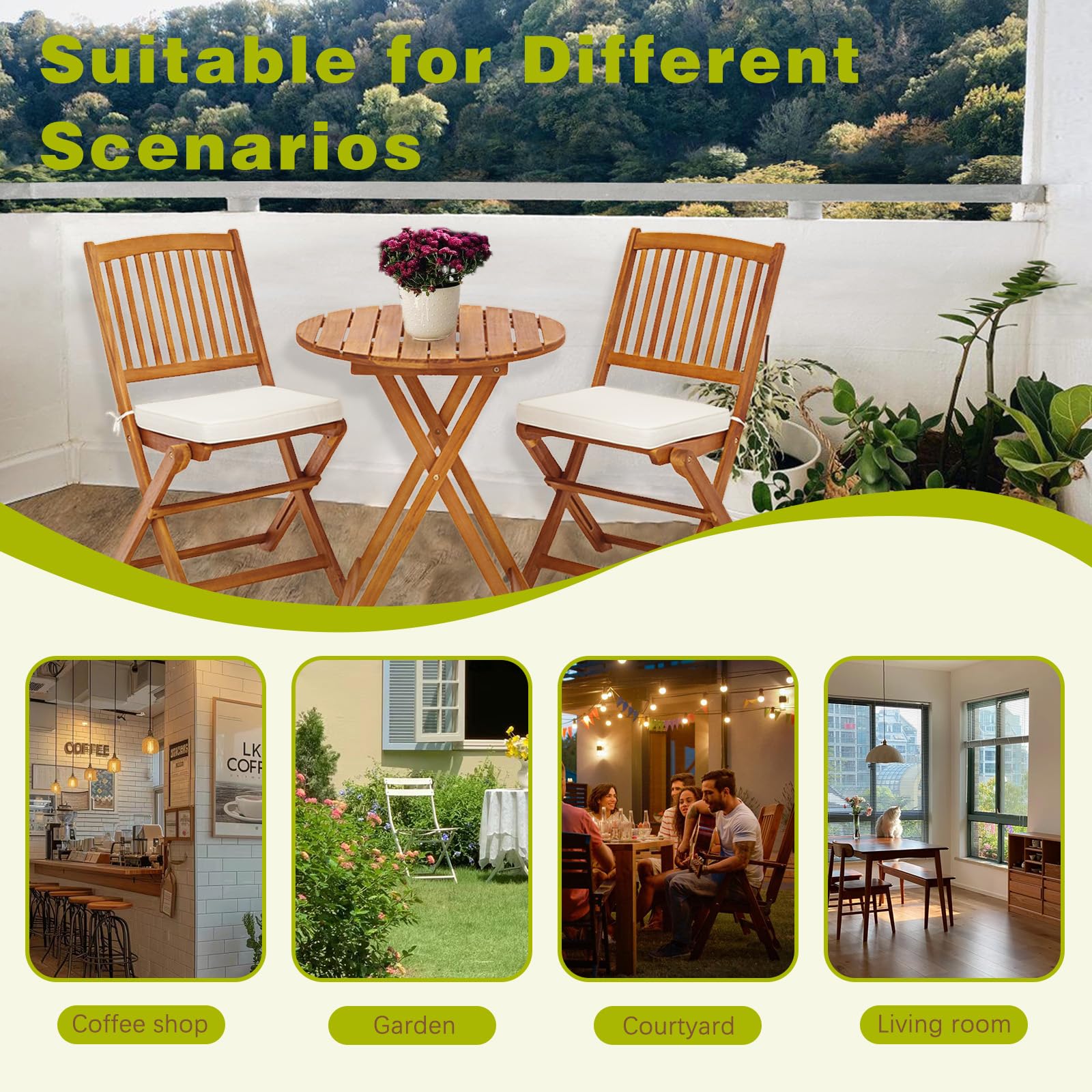S AFSTAR 3-Piece Acacia Wood Patio Bistro Set with Folding Chairs, Round Coffee Table & Padded Cushions - Outdoor Dining Set for Garden, Balcony, Poolside, Porch & Backyard (Beige) - Perfect for Morning Coffee, Afternoon Tea, and Relaxing Evenings