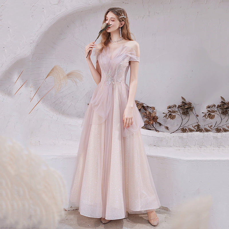 Elegant Off Shoulder Beaded Shiny Pink Prom Dress - A-Line Formal Evening Gown for Homecoming, Quinceañera & Special Occasions | Style 701