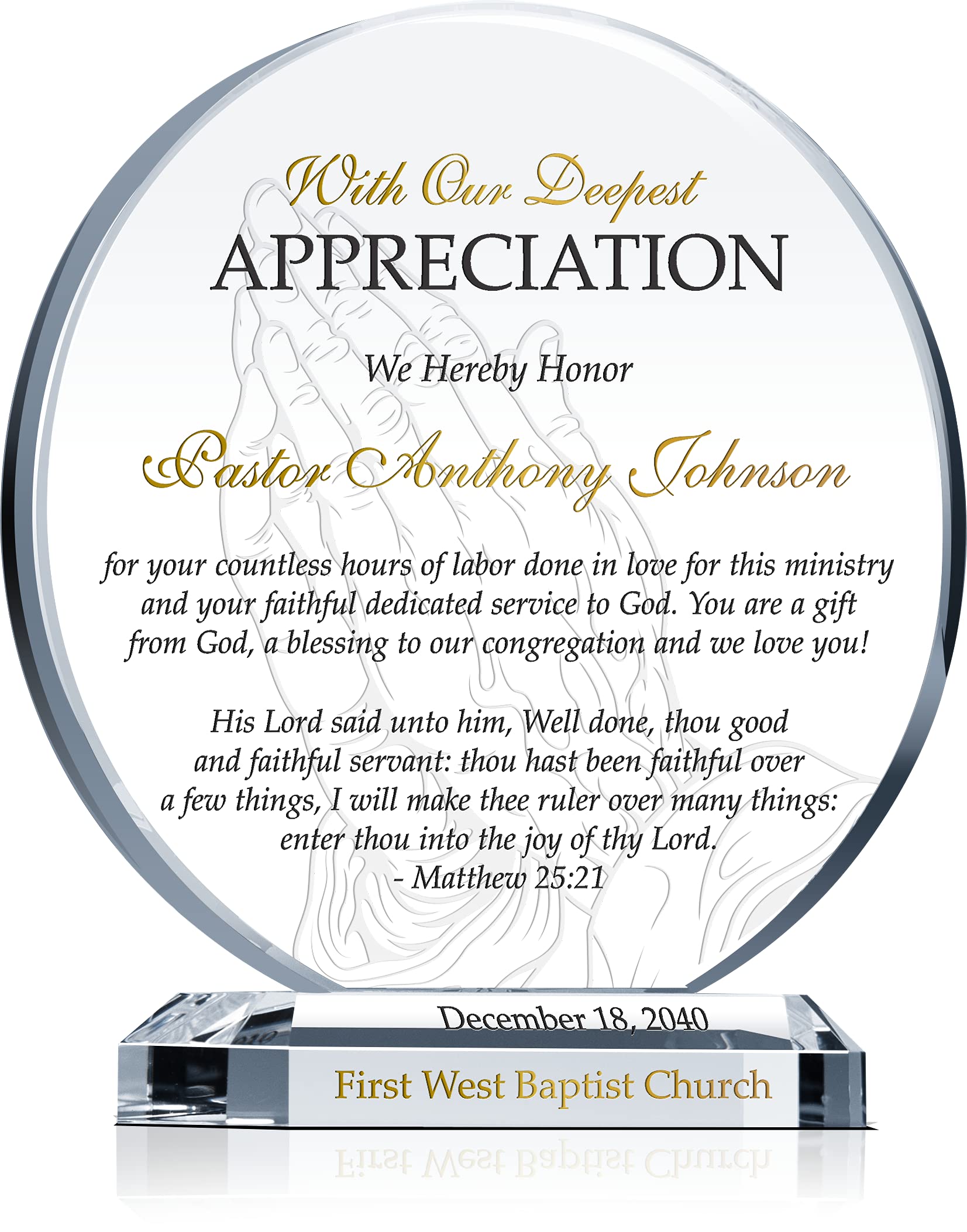 Custom Crystal Pastor Appreciation Plaque with Bible Verse - Church Thank You Gift for Volunteers & Staff