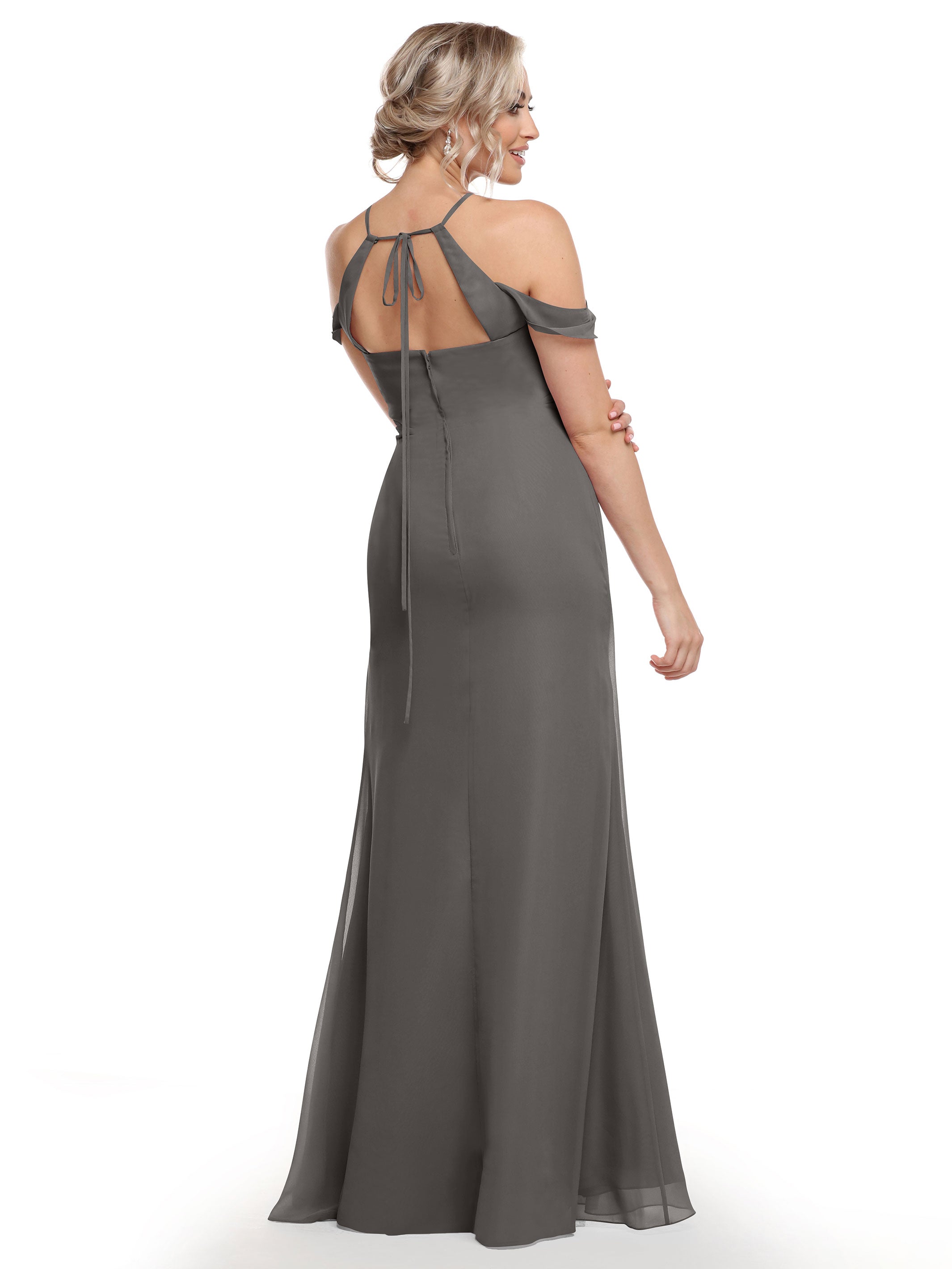 Elegant Off-The-Shoulder Chiffon Bridesmaid Dress with Halter Neckline - Perfect for Weddings, Formal Events & Special Occasions