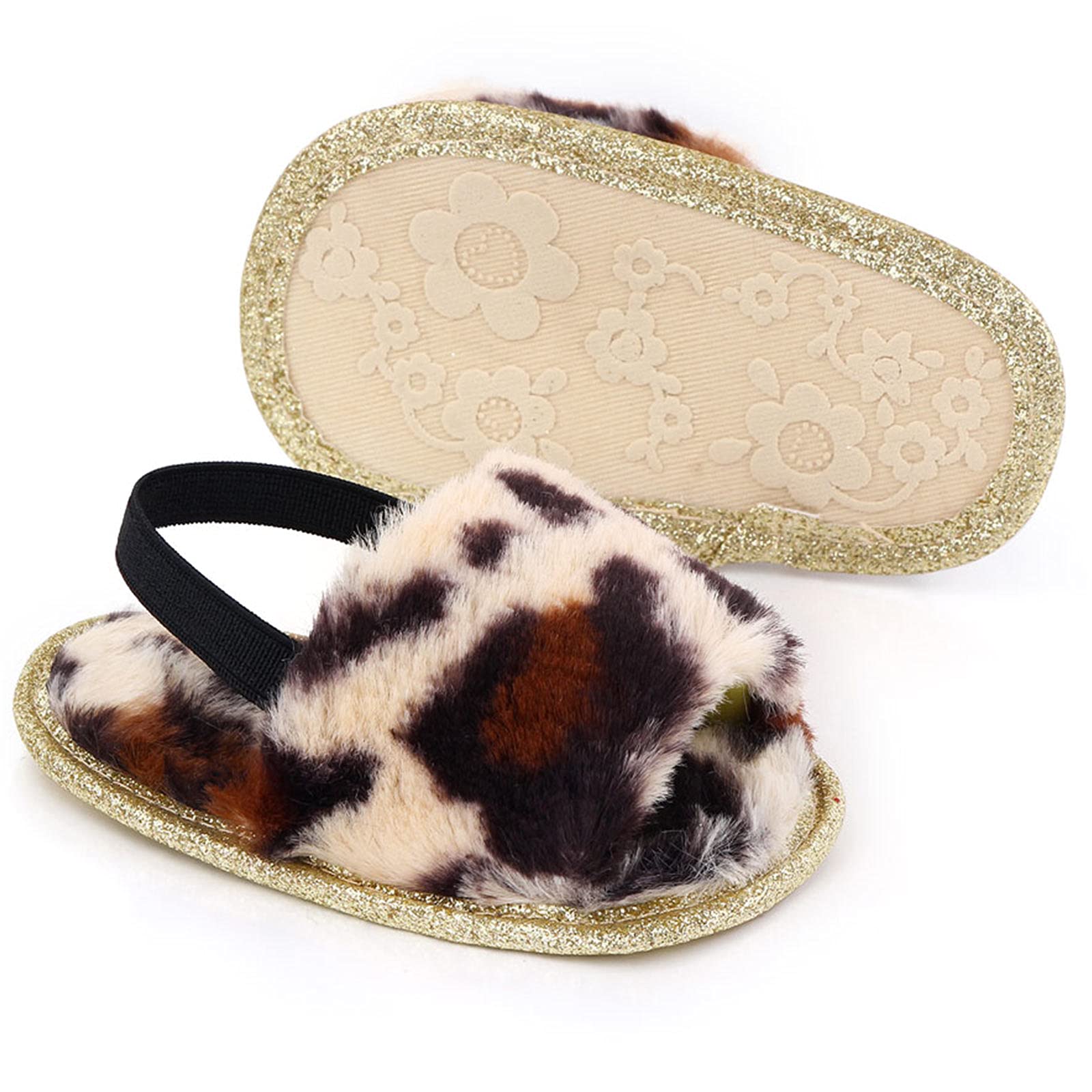 2 Pack Baby Girls Sandals - Soft Elastic Back Strap Flats with Faux Fur - First Walker House Slippers for Toddlers (Pink/White) - Perfect for Indoor Play, Nursery & Special Occasions