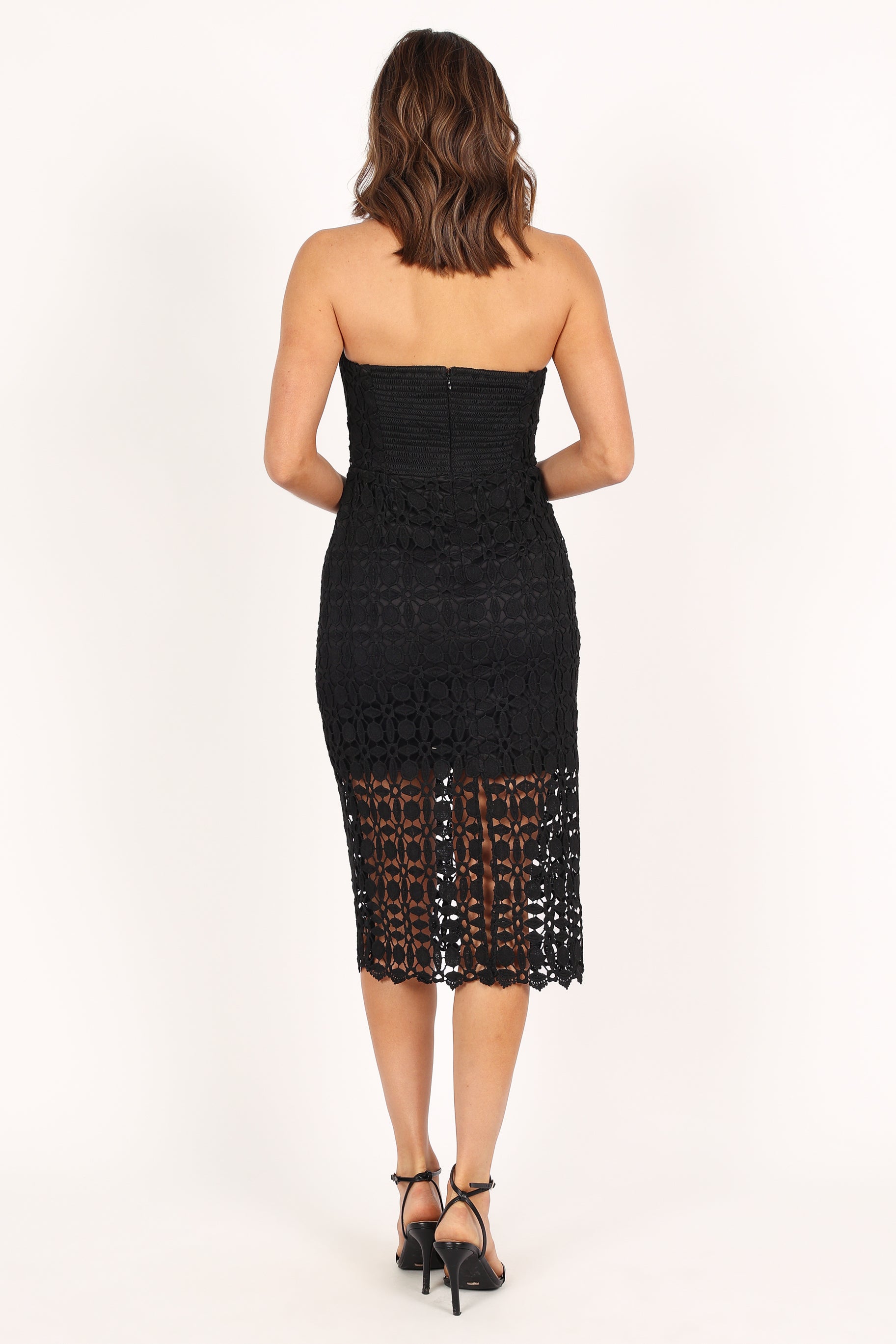 Elegant Strapless Lace Midi Dress in Black - Perfect for Weddings, Parties & Special Occasions