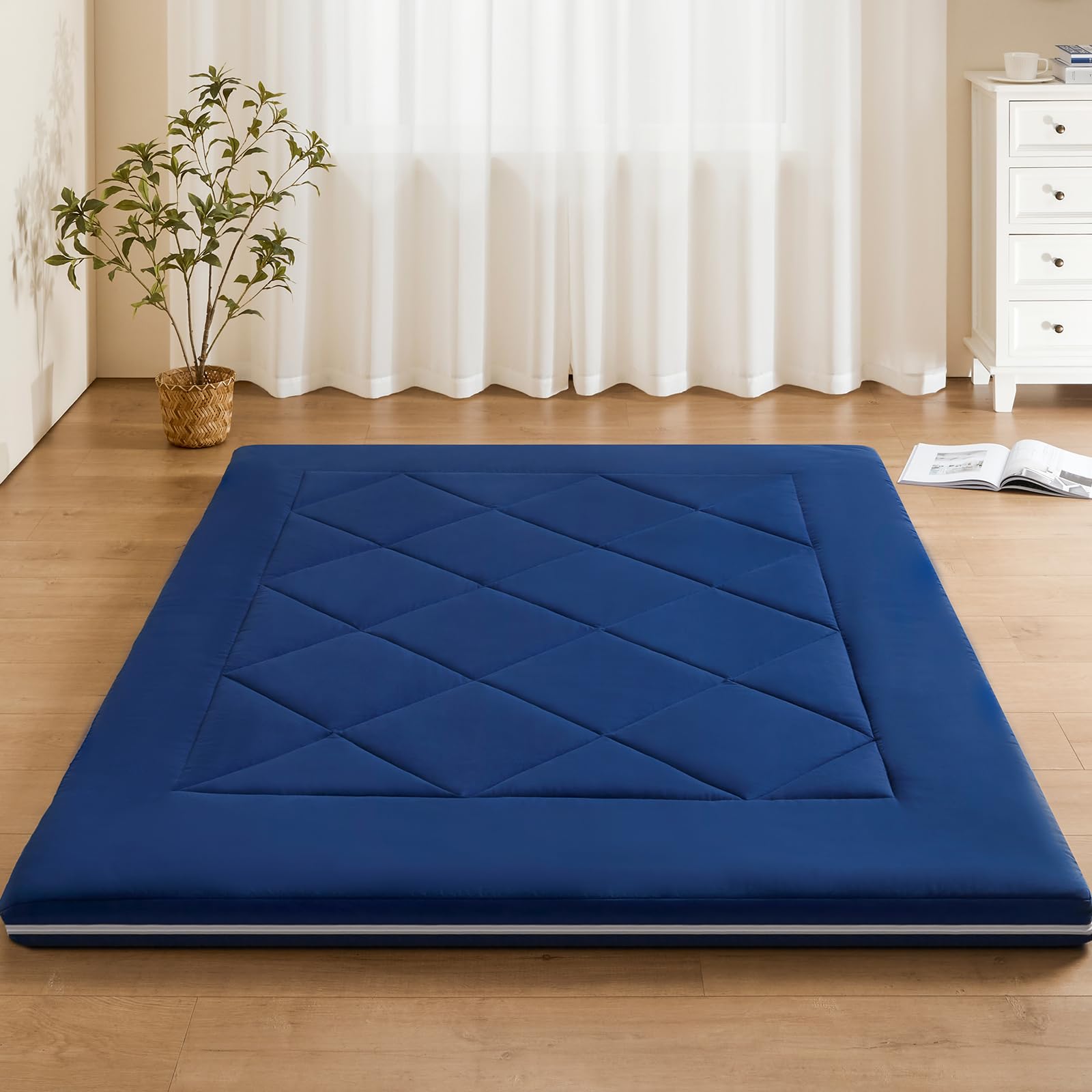 Japanese Futon Floor Mattress - Portable Tatami Foam Mattress with Storage Bag | Foldable Queen Size Floor Bed for Lounge, Dorm & Guest Room | Thick Roll-Up Sleeping Mat for Small Spaces & Travel (Blue) - Perfect for Apartments, Camping & Temporary Guests