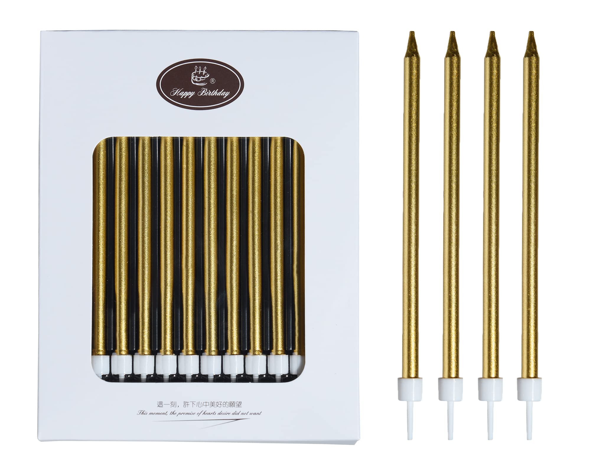 24-Pack Gold Glitter Birthday Candles - Tall Thin Sparkler Cupcake Candles with Holders for Wedding, Party, Anniversary Cake Decorations - Perfect for Birthday Cakes, Cupcakes, and Special Event Desserts