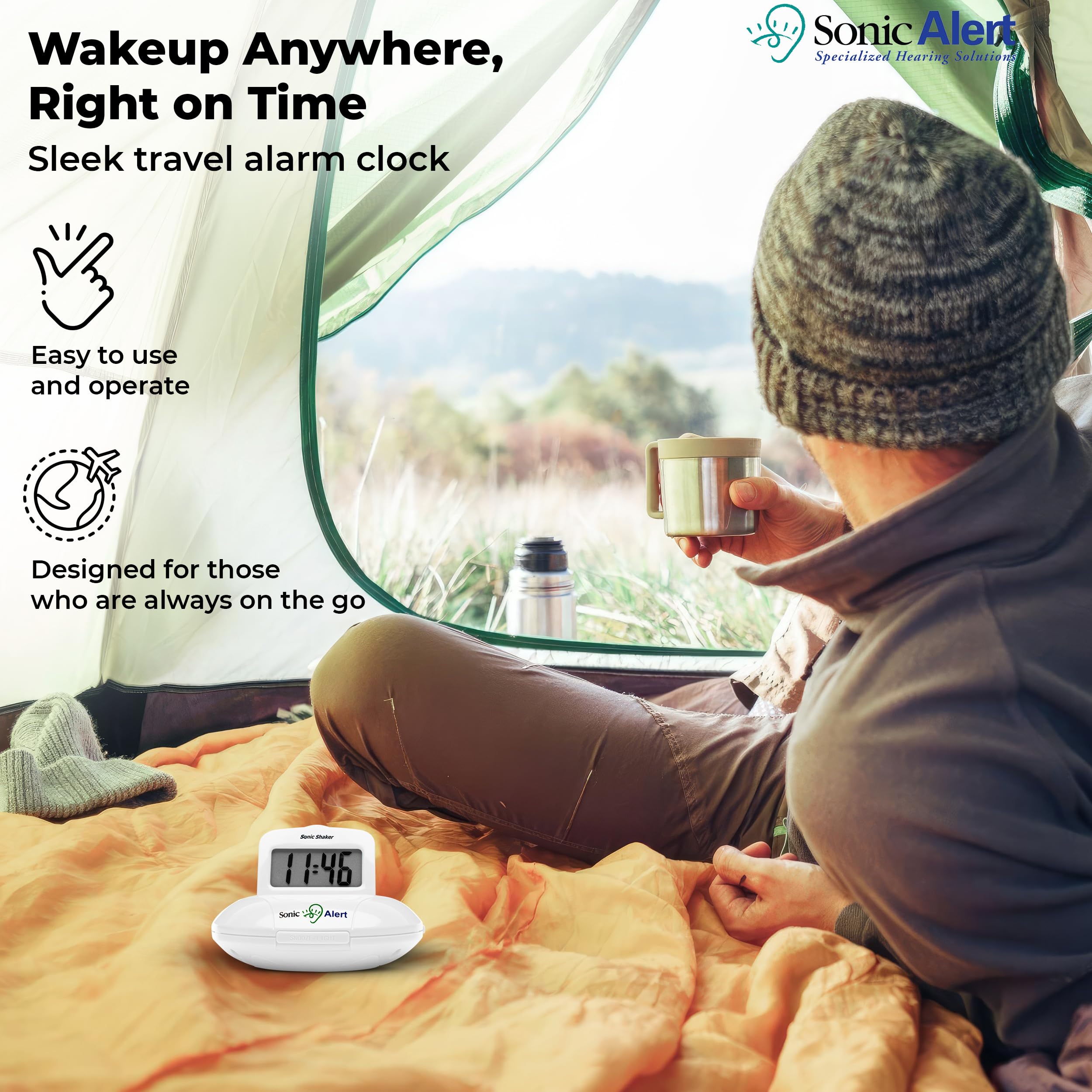 Sonic Alert Digital Alarm Clock for Heavy Sleepers - Battery Operated Vibrating Travel Alarm Clock with Bed Shaker & Under Pillow Vibration - White | Perfect for Deep Sleepers, Travel, and Hearing Impaired Users