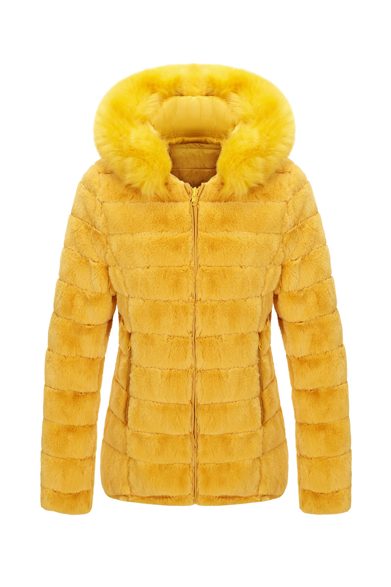 Bellivera Women's Reversible Faux Fur Jacket - Double Sided Winter Coat with Hood & Fur Collar | Warm Fashion Outerwear for Fall, Winter & Spring | Perfect for Casual Outings, Travel & Outdoor Activities