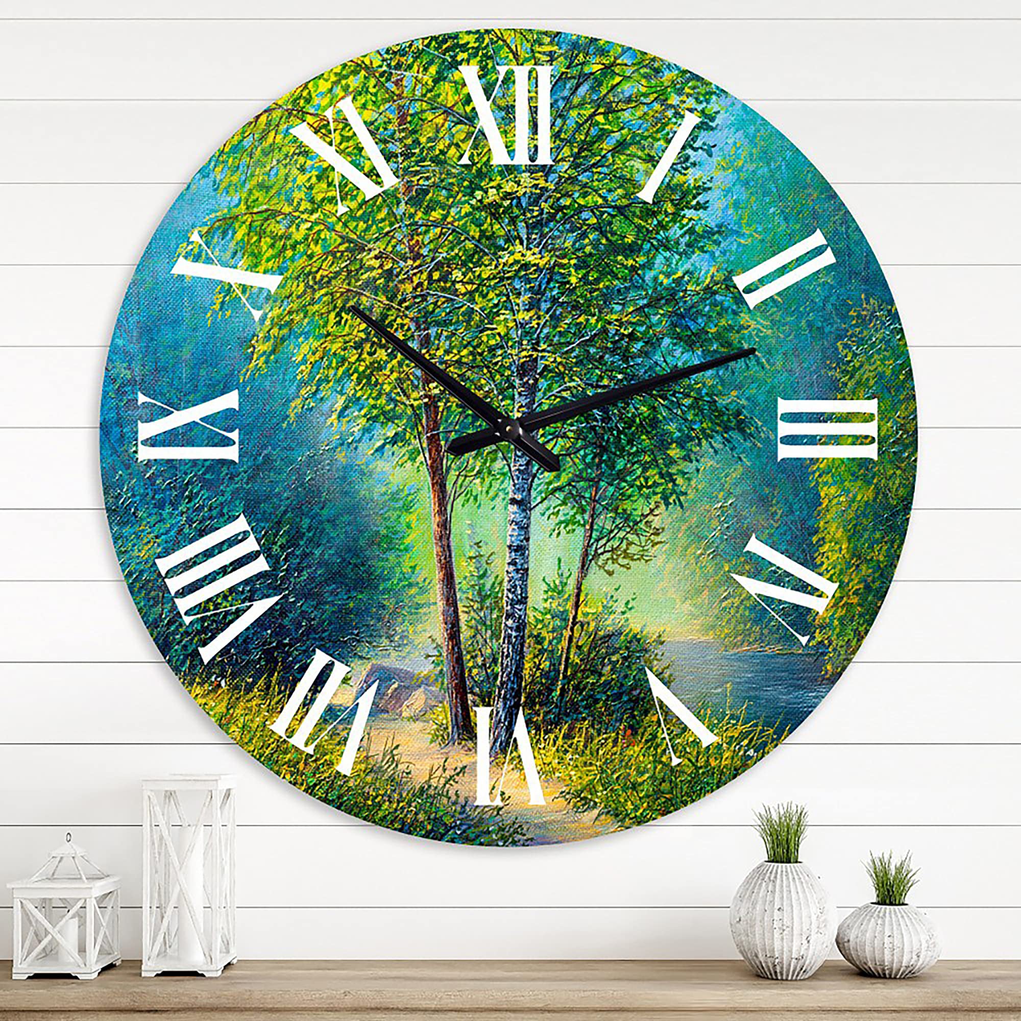 DesignQ Lake House Wall Clock - Large 3 Vibrant Trees by The River Landscape Nature Wall Clock for Kitchen, Living Room, Bedroom Decor | Perfect for Farmhouse, Rustic & Coastal Home Décor