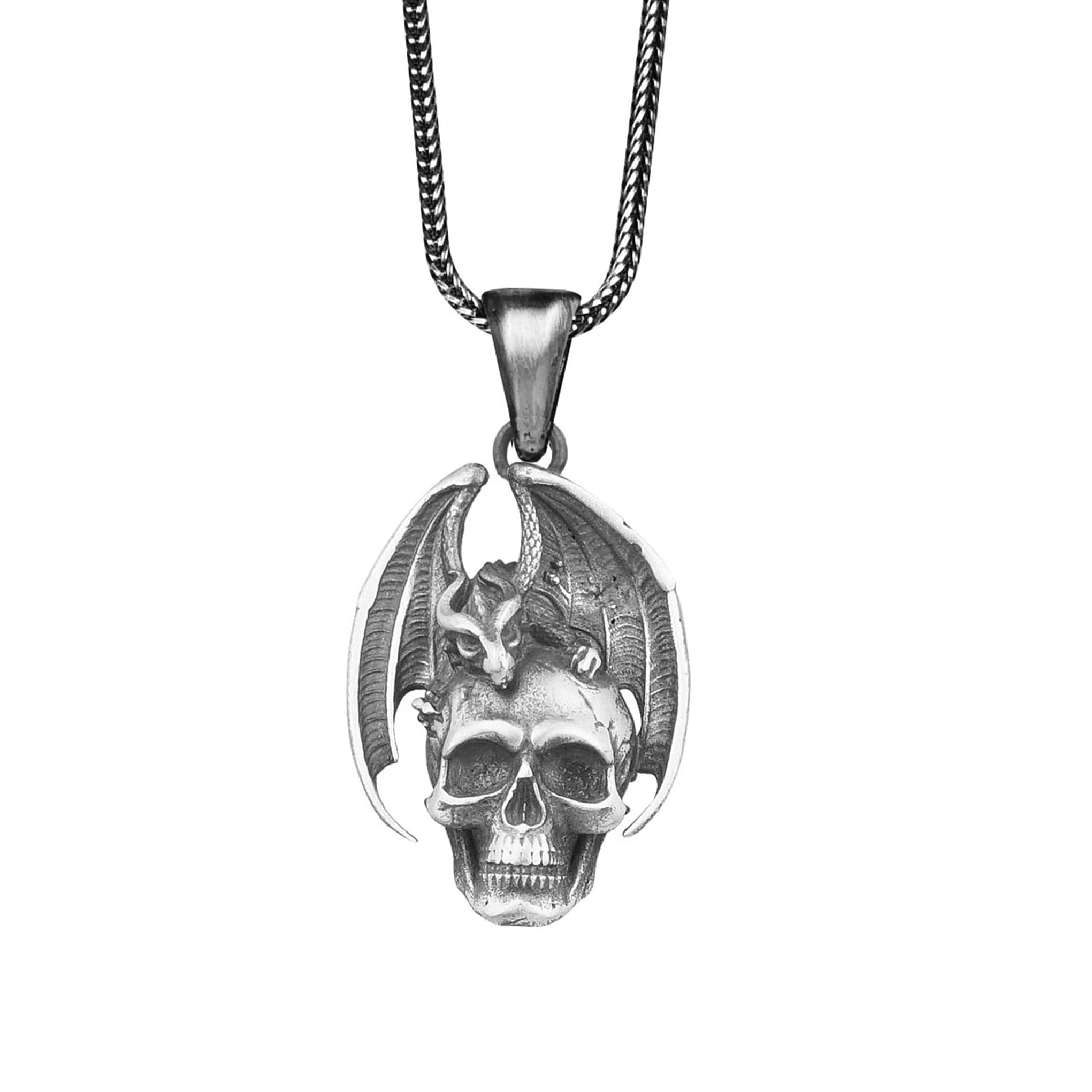 Sterling Silver Dragon Skull Pendant Necklace - Handmade Gothic Jewelry for Men & Women - Winged Skull Charm for Gothic Fashion & Cosplay - Perfect for Halloween, LARP & Dark Aesthetic Outfits