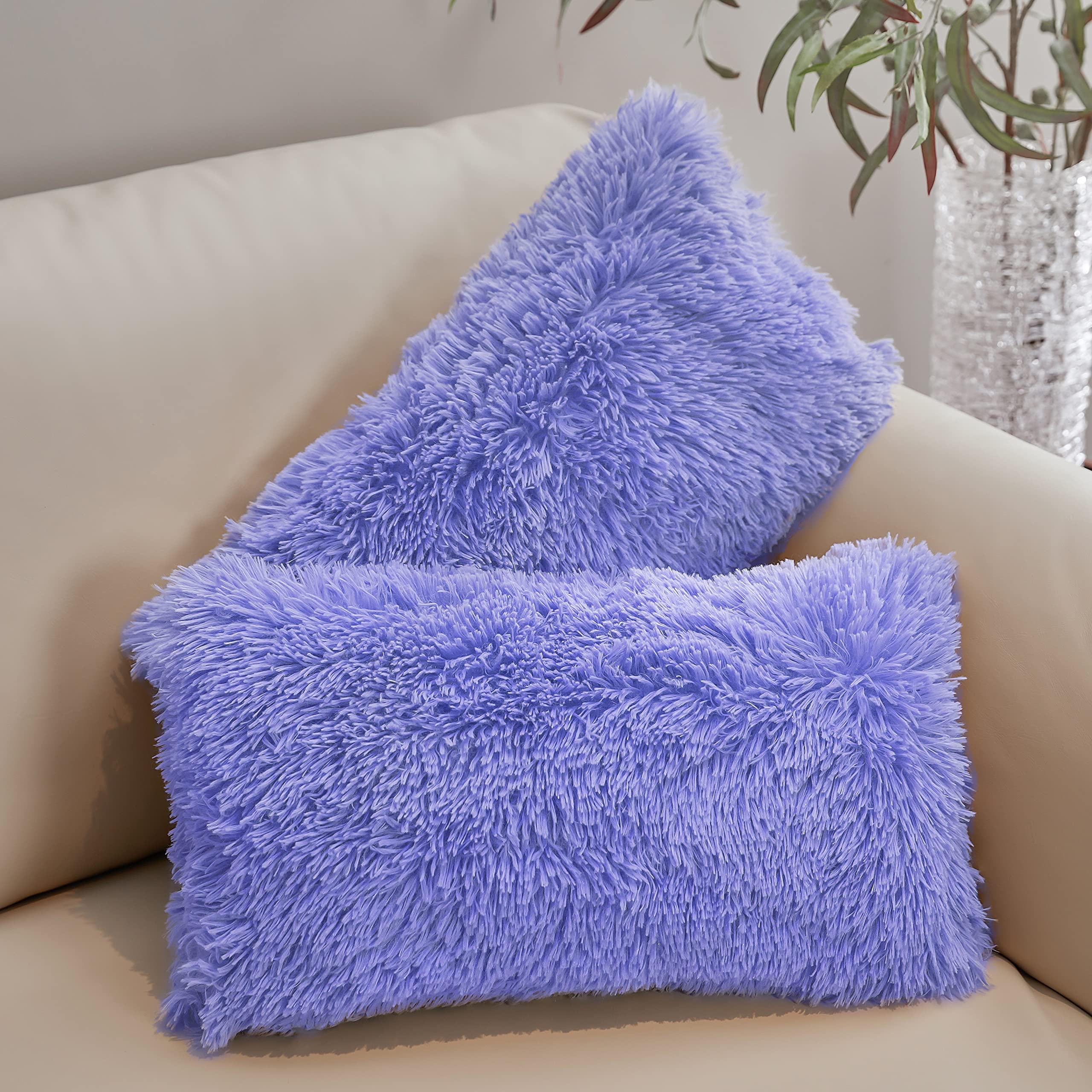 Cheer Collection Set of 2 Shaggy Long Hair Faux Fur Throw Pillows - Ultra Soft Plush Lumbar Accent Cushions (12x20 Inches, Very Peri) for Sofa, Bed & Home Decor