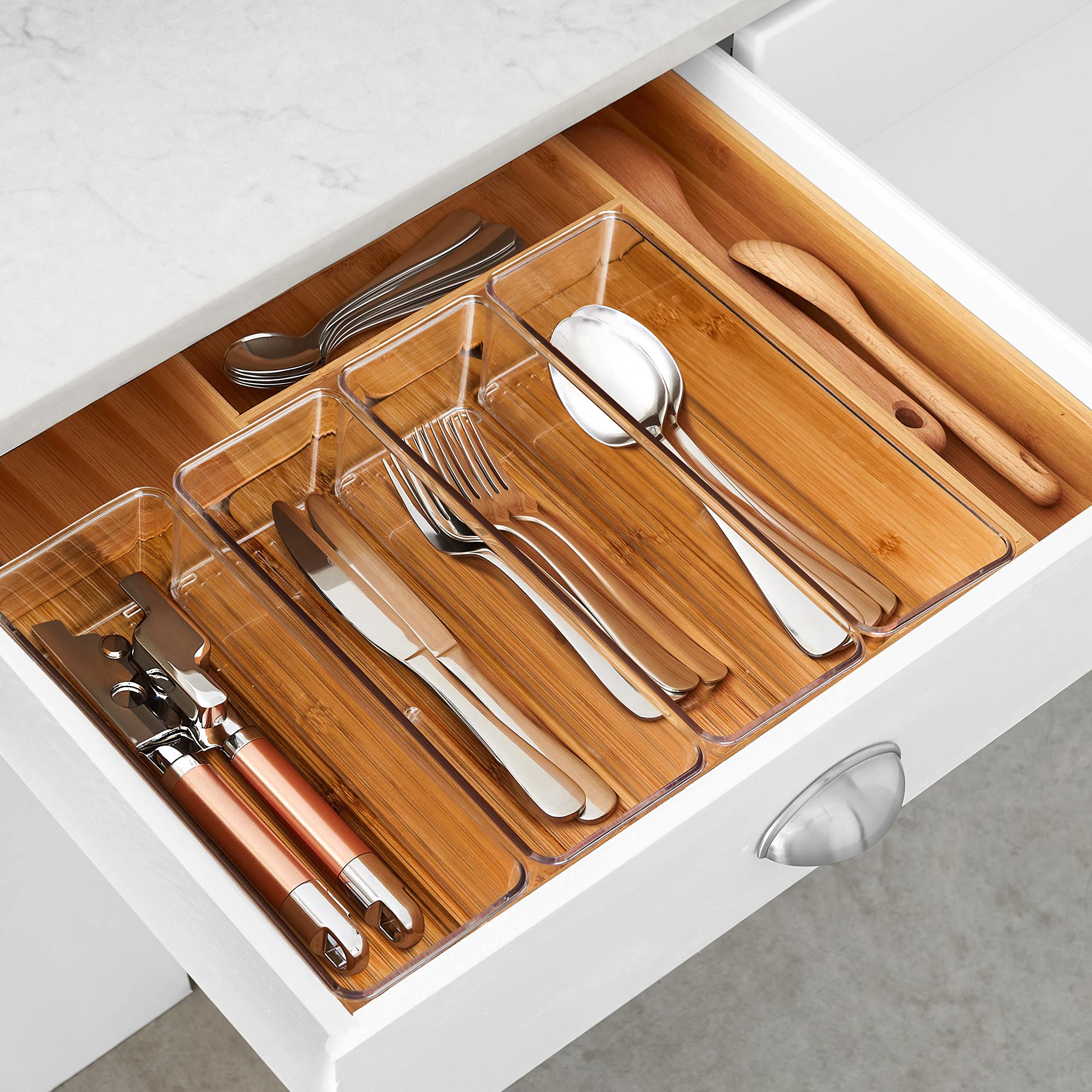 Hudgan 8-Pack Clear Plastic Drawer Organizers Set - Stackable Deep Drawer Bins for Makeup Vanity, Desk & Bathroom Storage (2 Sizes) - Perfect for Organizing Cosmetics, Office Supplies & Toiletries