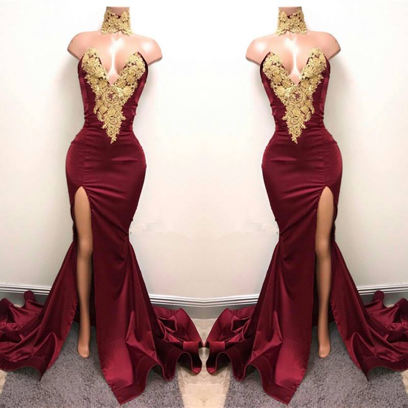 Elegant Burgundy Mermaid Prom Dress with Front Split & Lace High Neck - Perfect for Homecoming, Formal Dances & Special Occasions