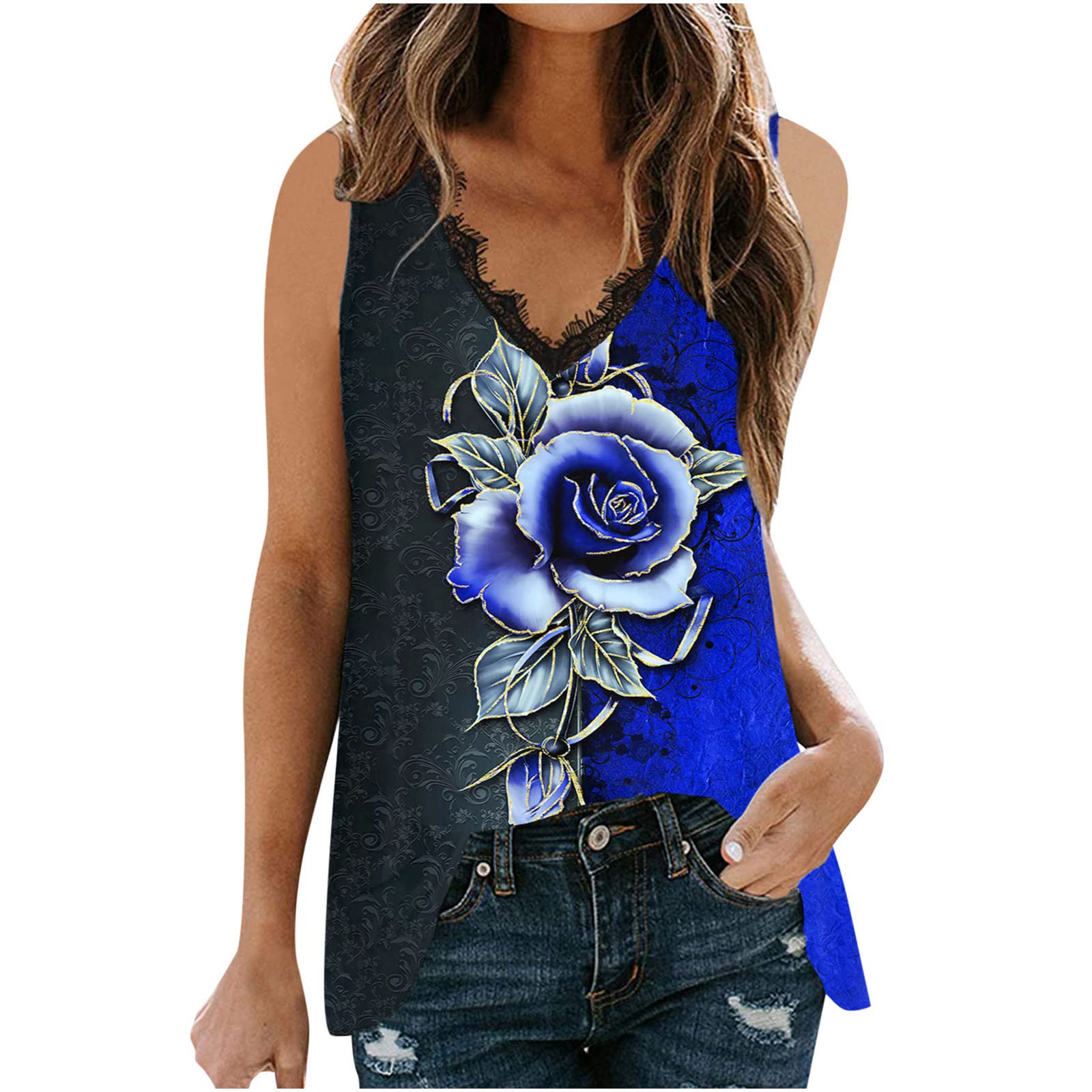 Vintage Floral Print Women's Tank Top - Sleeveless Loose Blouse with V Neck & Lace Trim | Summer Sexy Vest Tunic for Casual Outings, Beach Wear & Date Nights