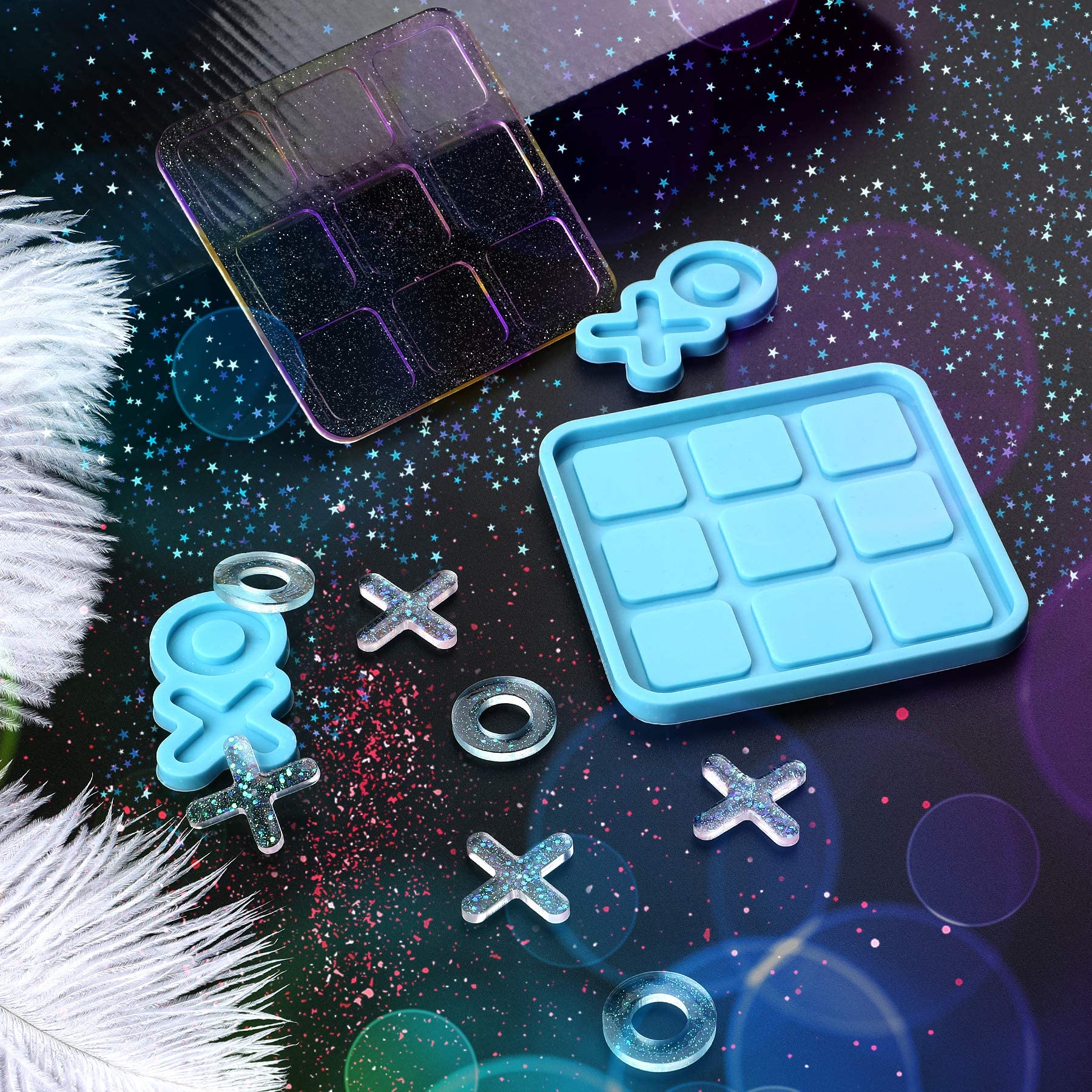 Tic Tac Toe Resin Mold Set with 5 Chess Pieces - DECYOOL XO Board Game Silicone Molds for DIY Resin Casting & Tabletop Game Making - Perfect for Crafting, Home Decor, and Family Game Night