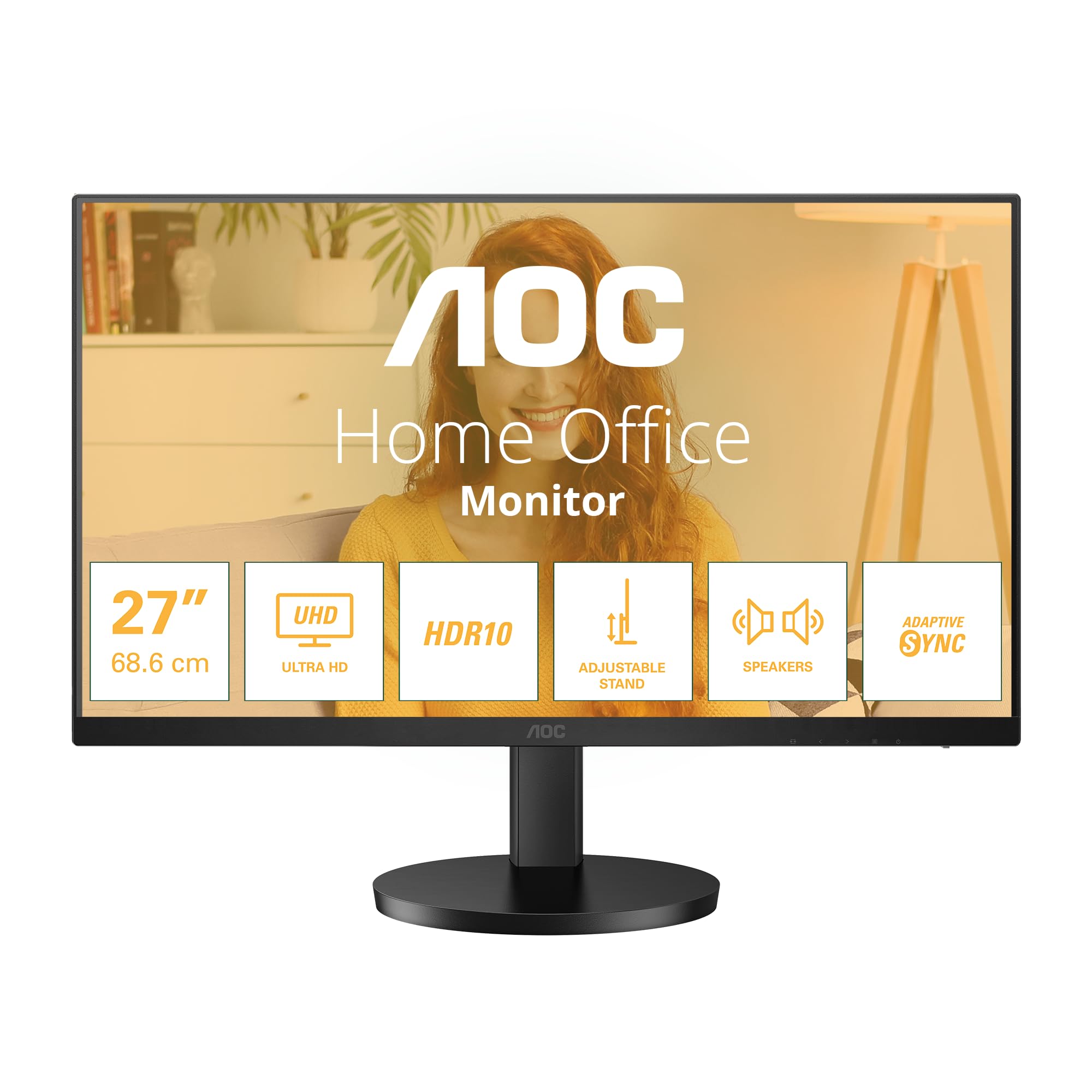AOC U27B3AF 27-Inch UHD 4K Monitor with Built-in Speakers, Height Adjustable Stand, HDR10 (3840x2160, 60Hz, HDMI 2.0, DisplayPort 1.4) - Black | Perfect for Home Office, Gaming & Graphic Design