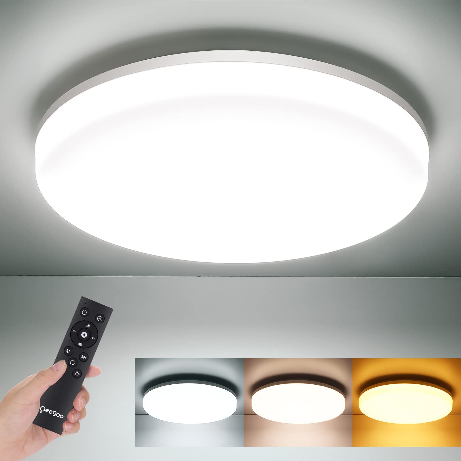 Oeegoo 24W Modern Dimmable LED Flush Mount Ceiling Light Fixture with Remote Control - 11 Inch Round Close to Ceiling Lights for Bedroom, Kitchen, Dining Room - Adjustable 3000K-6500K Color Temperature & Timer Function - Perfect for Home Lighting, Interior Decor, and Ambient Illumination