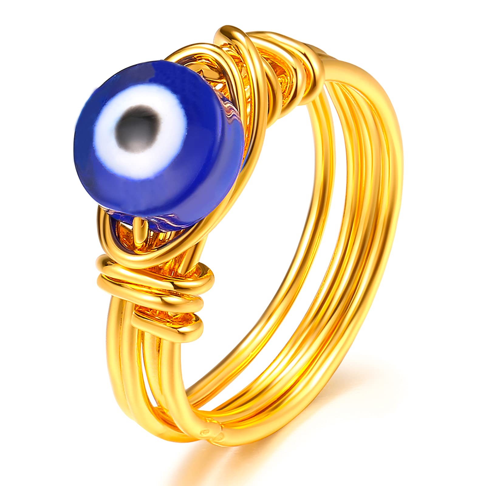 HUASAI Evil Eye Ring for Women - Gold Plated Blue Eye Protection Charm Jewelry, Mal De Ojo Ring for Good Luck & Positive Energy | Gift for Girlfriend, Birthday, Spiritual Healing Accessory