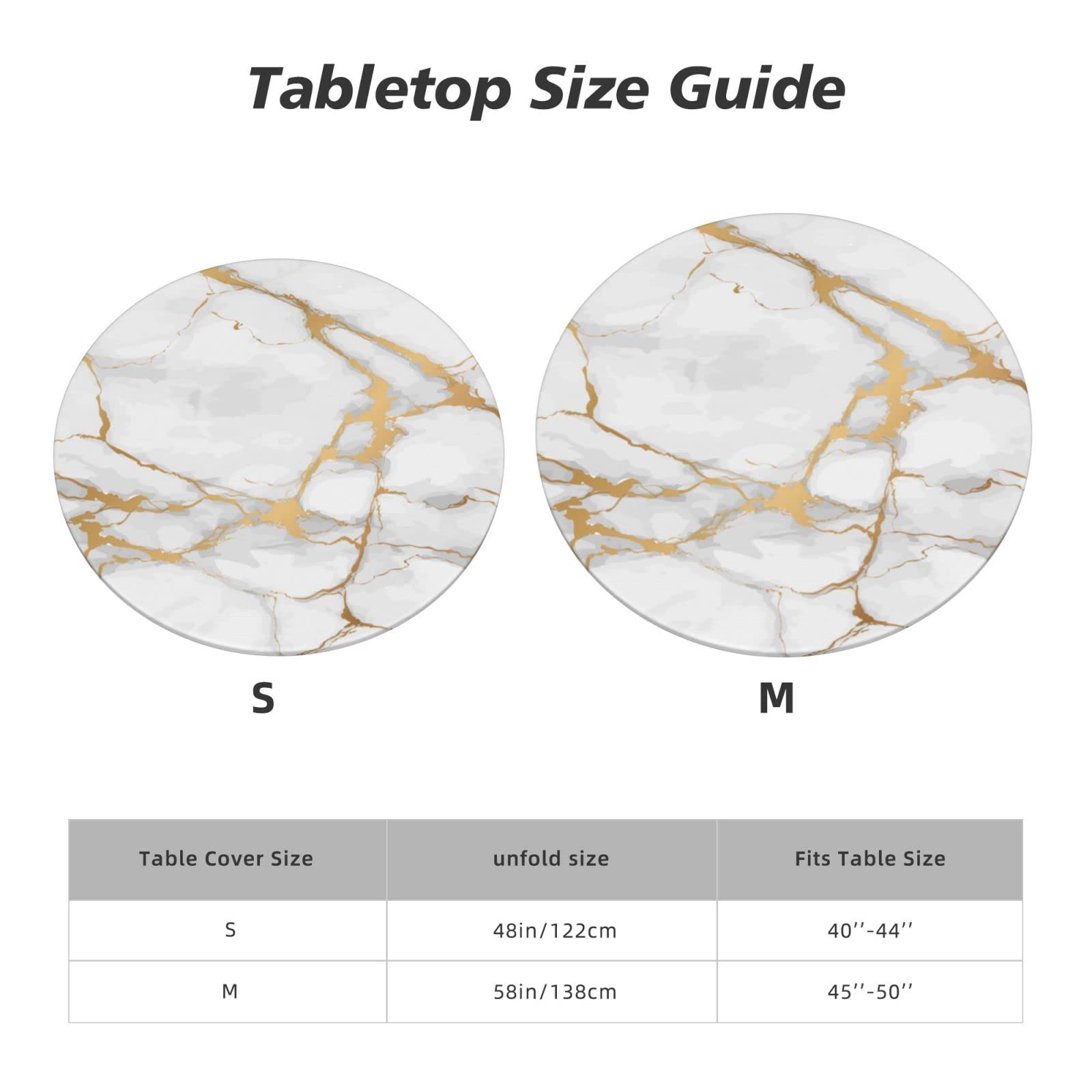 Waterproof Elastic Round Tablecloth - White Marble Print Fitted Table Cover for 40'' to 44'' Tables, Indoor & Outdoor Dining, Party, Wedding, Picnic Use