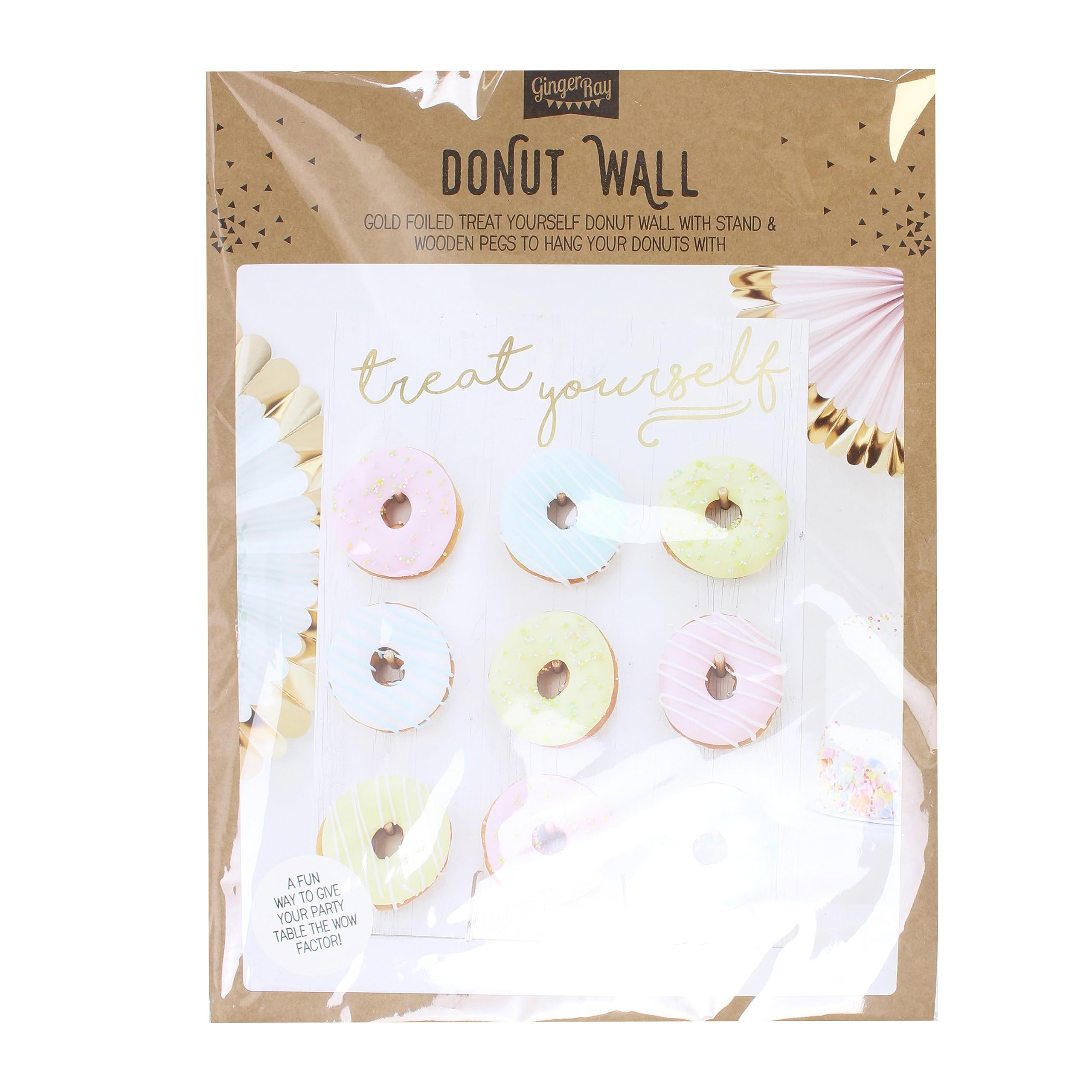 Ginger Ray Gold Foiled Treat Yourself Donut Wall Party Display - Holds 9 Doughnuts, White, 42cm x 32cm - Perfect for Birthday Parties, Baby Showers & Dessert Tables