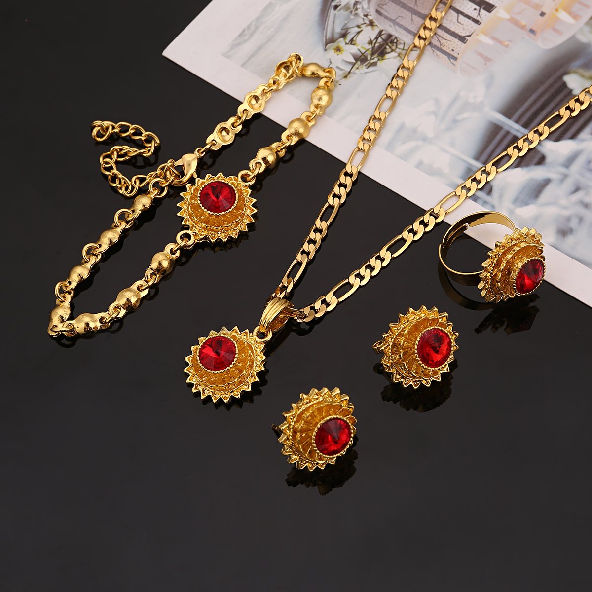 Ethiopian Gold Jewelry Set - Handmade Flower Earrings, Pendant & Ring with Genuine Stone - African Habesha Nigerian Jewelry for Weddings, Parties & Cultural Celebrations