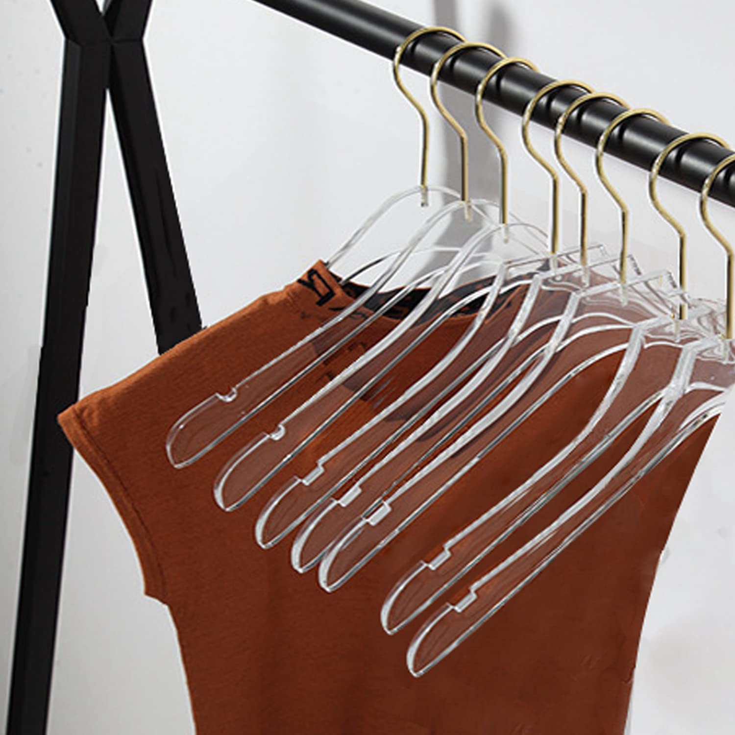 Besser 15 Pack Clear Acrylic Clothes Hangers with Swivel Gold Hooks - Premium Crystal Dress Hangers for Wardrobe Organization, Luxury Shiny Closet Essentials (Clear-Style B) - Perfect for Displaying Dresses, Blouses & Delicate Garments in Walk-In Closets & Boutiques
